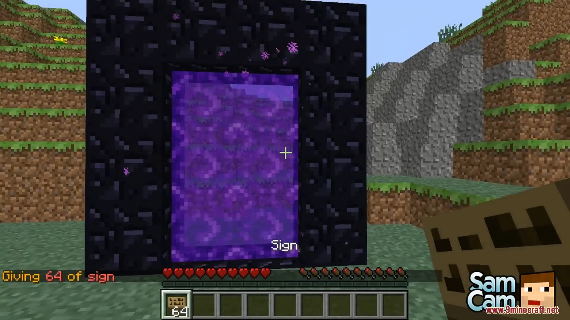 Player placing a wooden sign on a Nether portal frame
