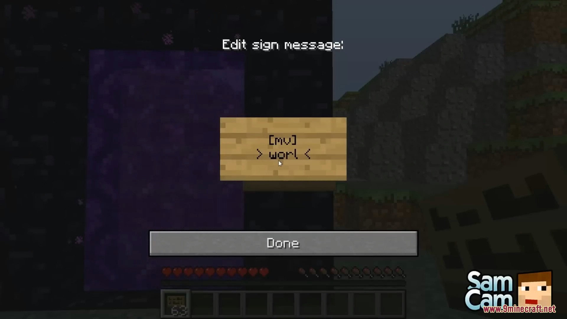 Typing world name on the sign to set portal destination