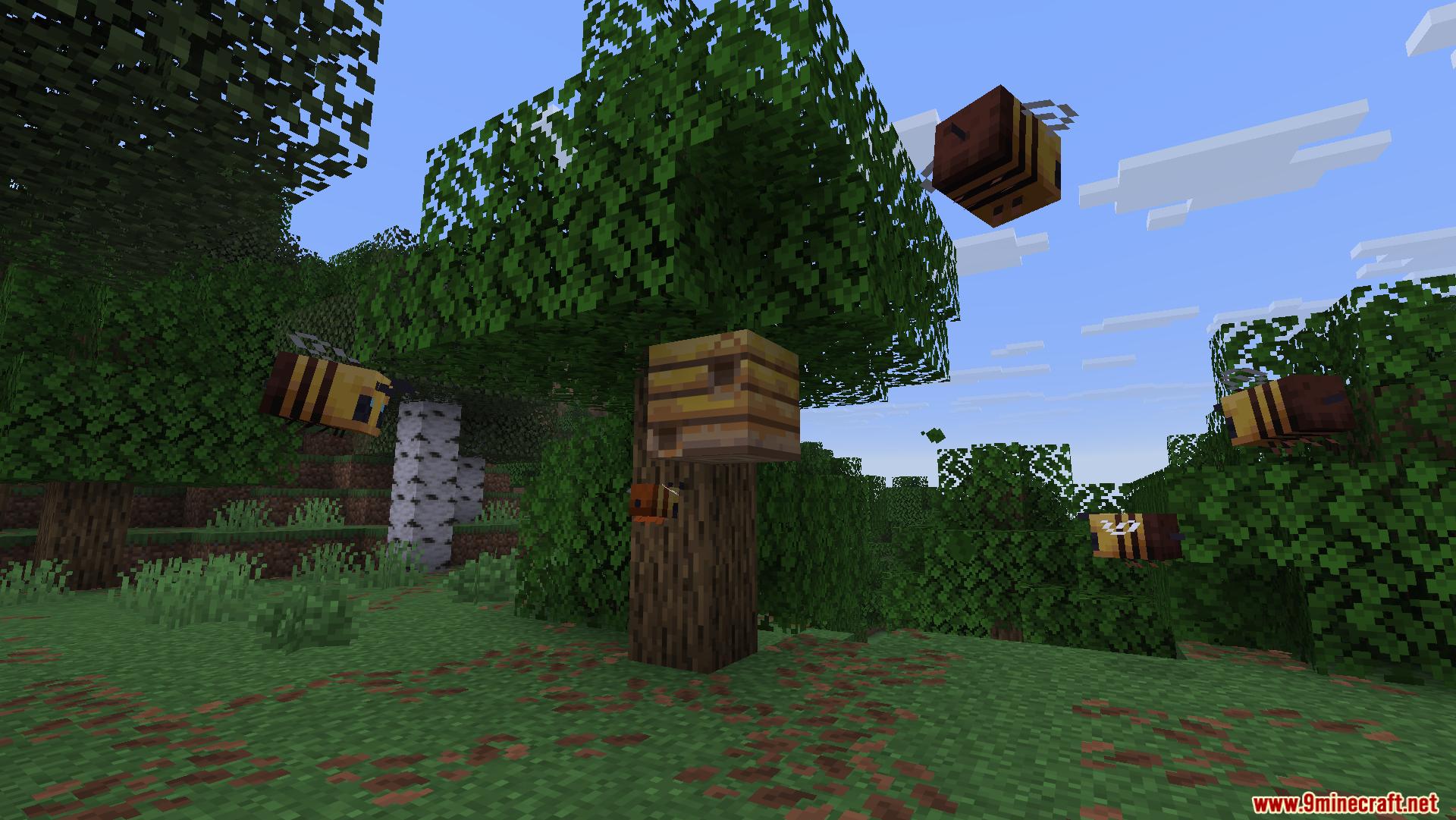Minecraft bees flying around a bee nest attached to an oak tree