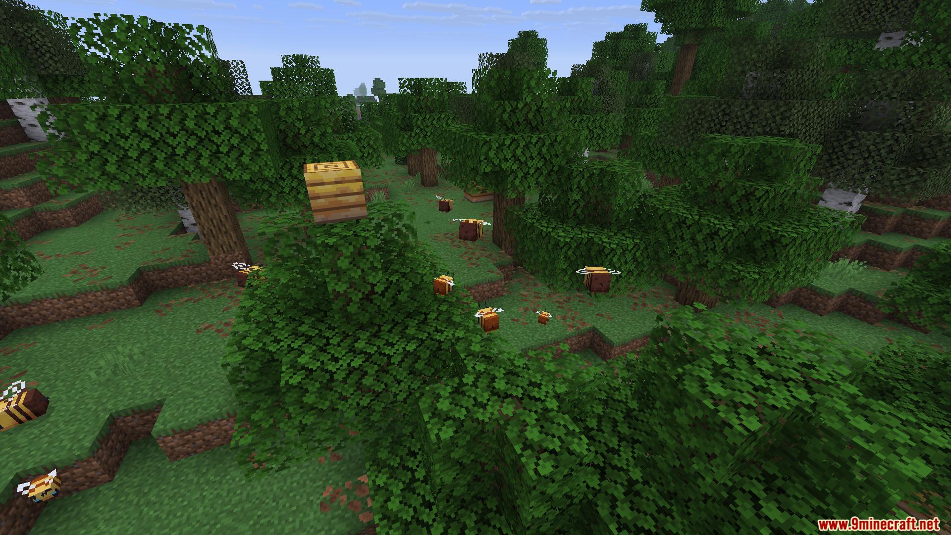 A swarm of bees flying around a forest clearing near a nest