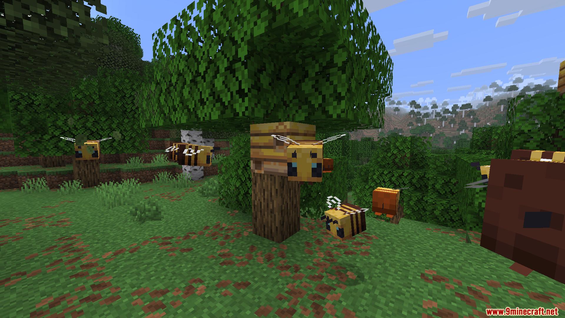 Several bees flying around a bee nest on an oak tree