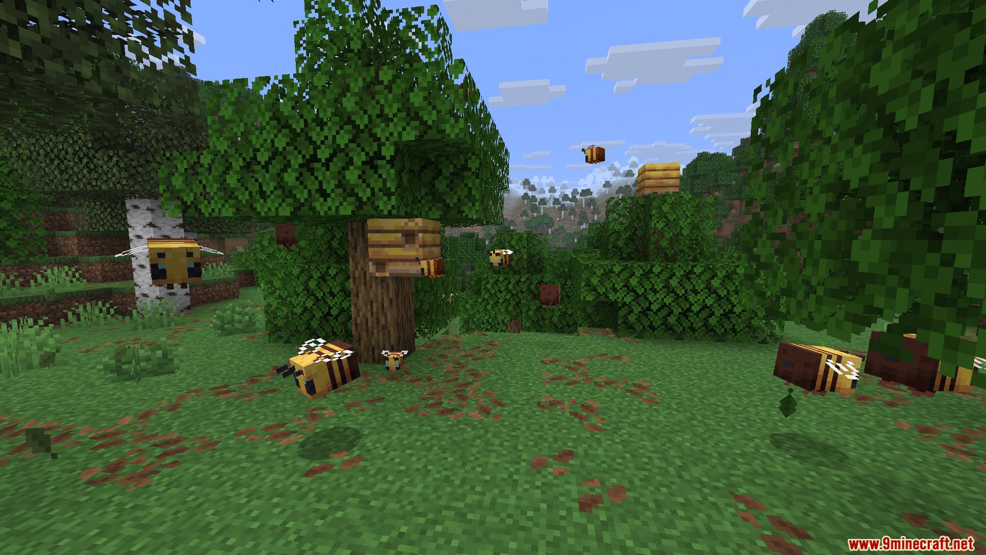 A group of bees swarming near a nest in the forest