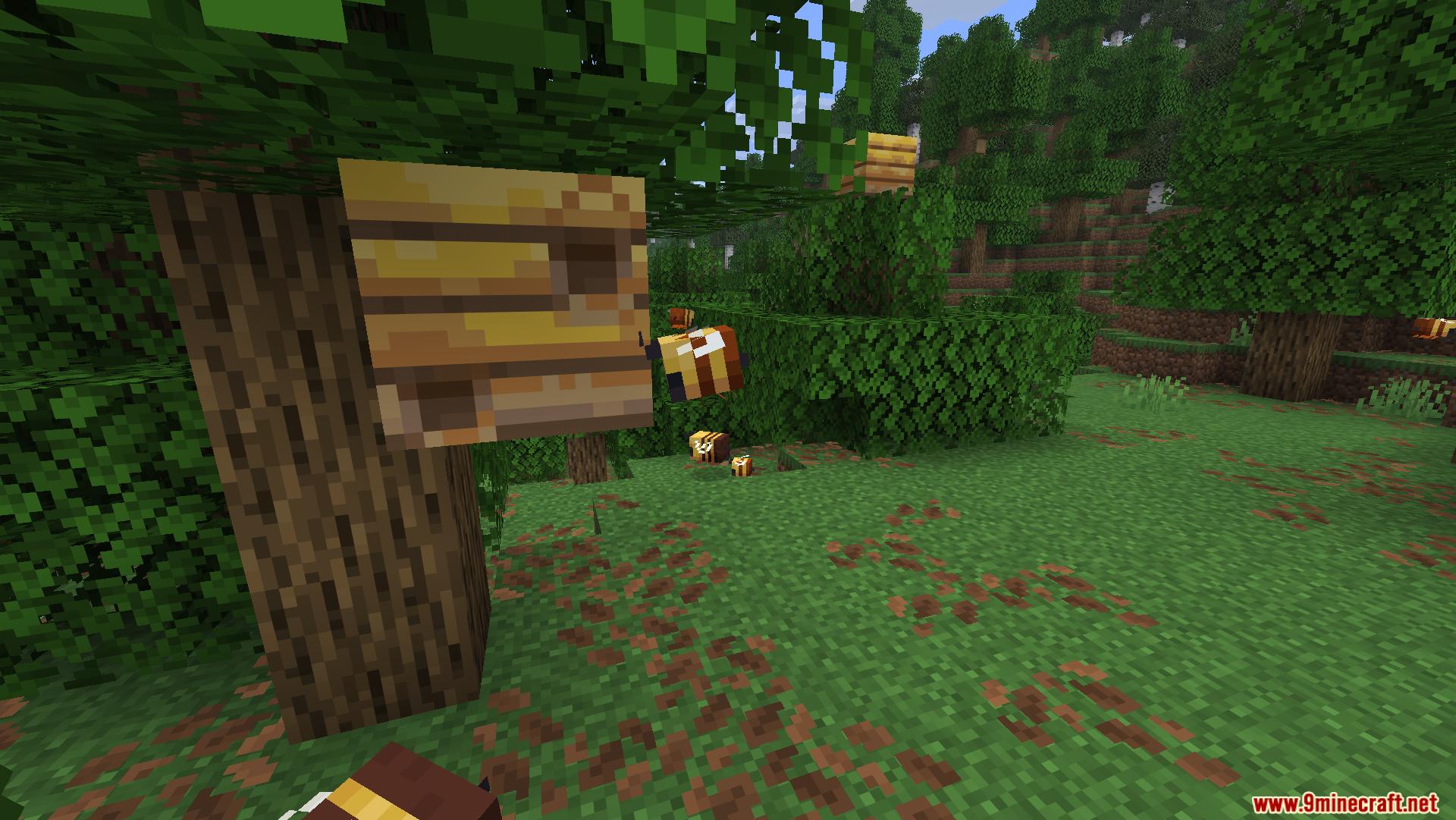 Bees hovering around a natural bee nest attached to a tree