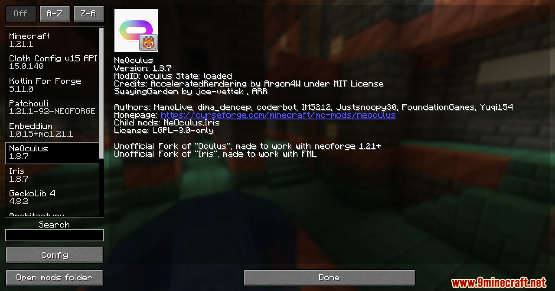 Minecraft mod list menu displaying Neoculus mod details and version