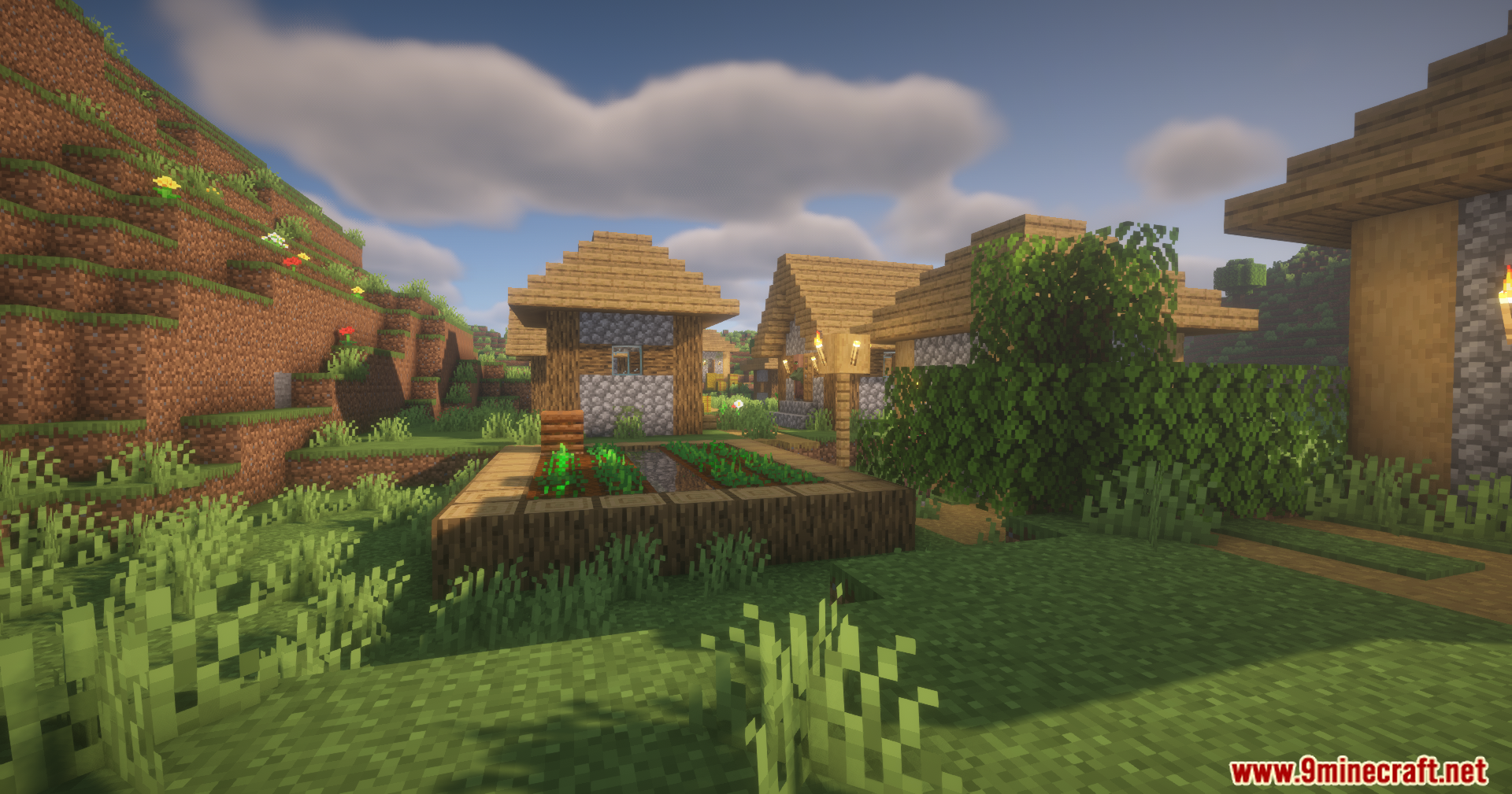 Minecraft village with a small farm plot and realistic sunlight shadows