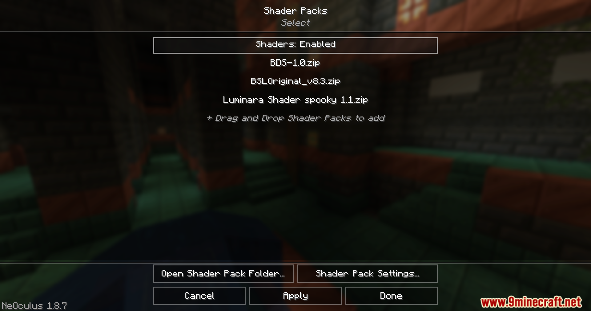 Shader packs selection menu showing various enabled shader zip files