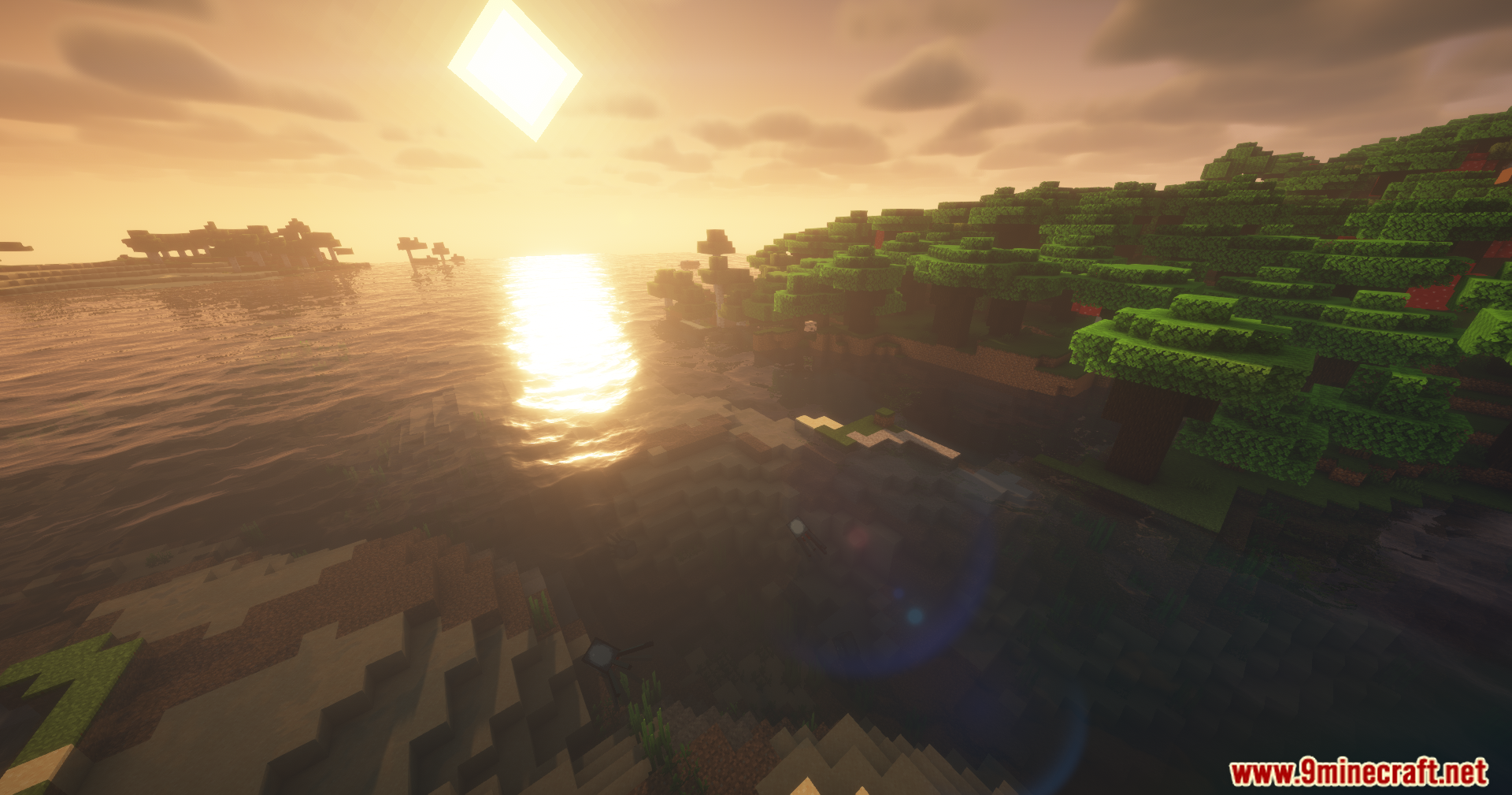 Coastal landscape at sunset displaying realistic water reflections and lighting