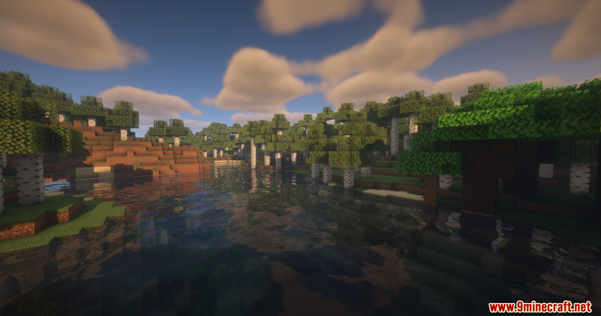 River with birch trees and realistic water reflections using shaders