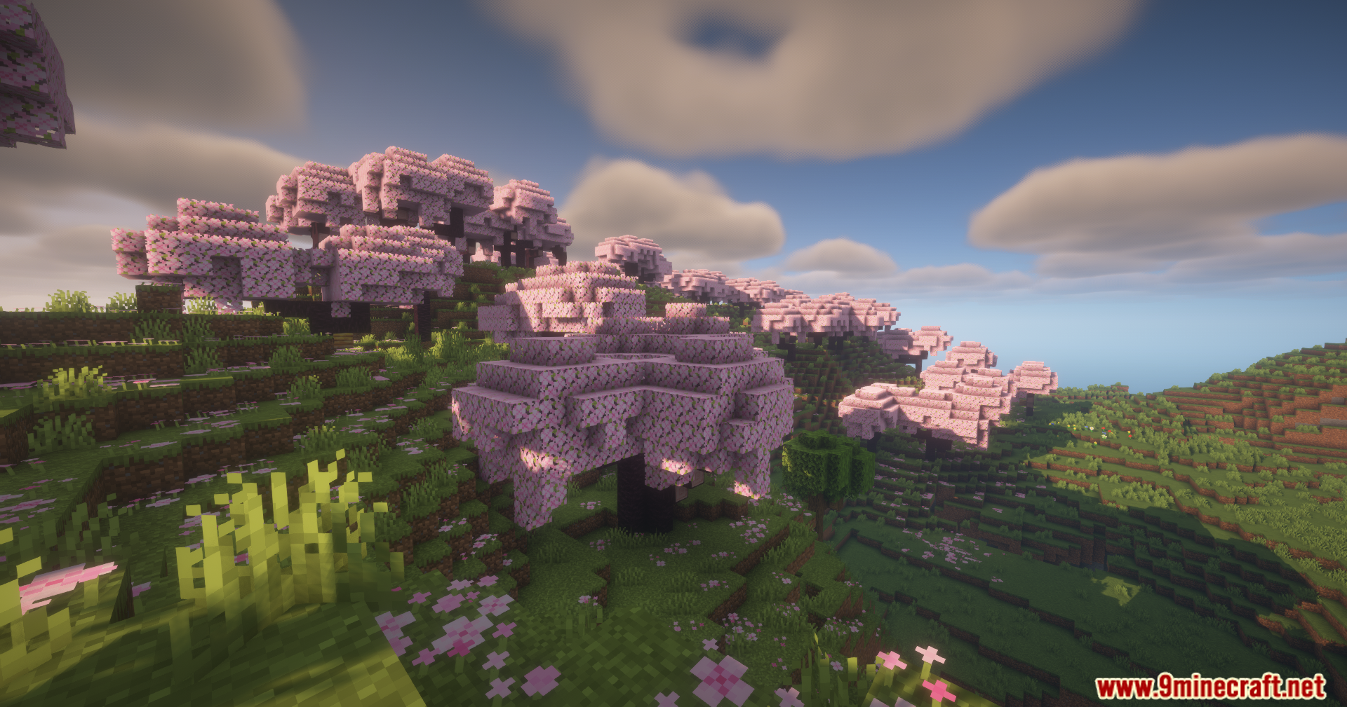 Cherry blossom trees on a grassy hill with soft shader lighting