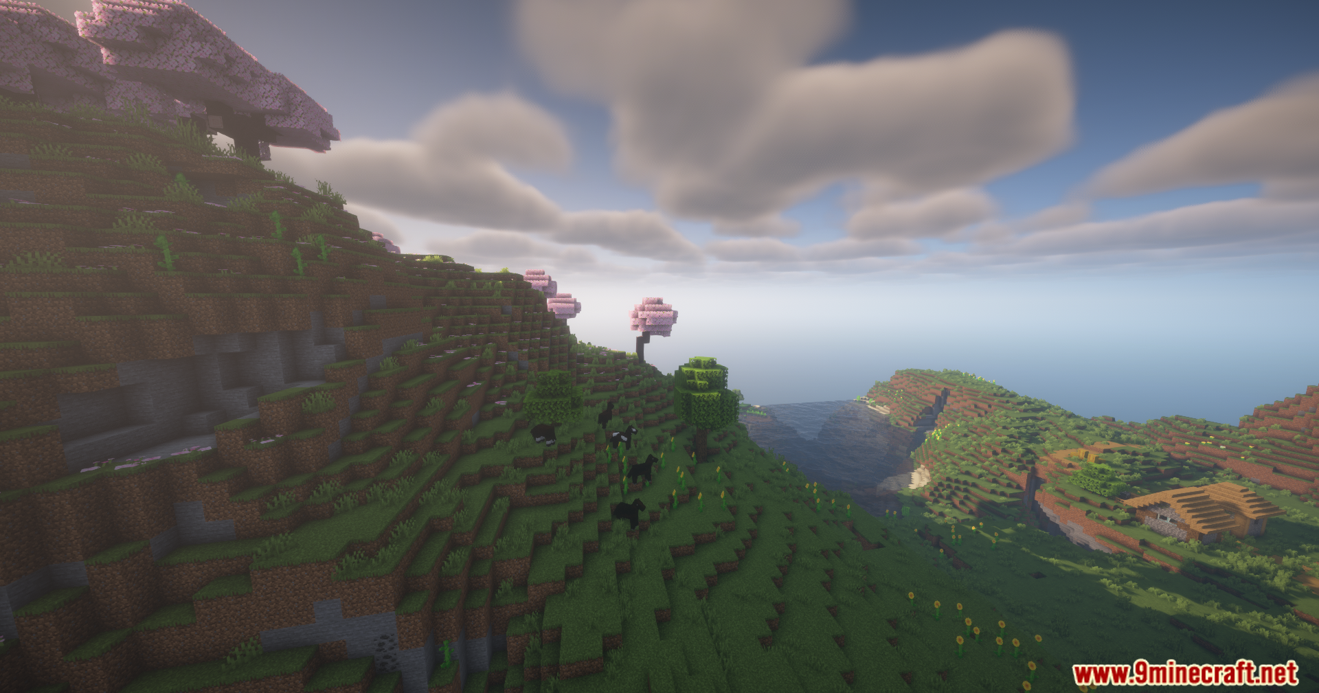 Scenic mountain landscape with cherry blossom trees using Neoculus Mod shaders