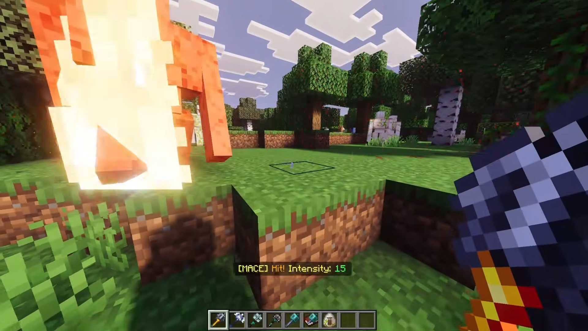 New Maces Overhaul Addon Mod Screenshot 2 Player holding a mace with a hit intensity message