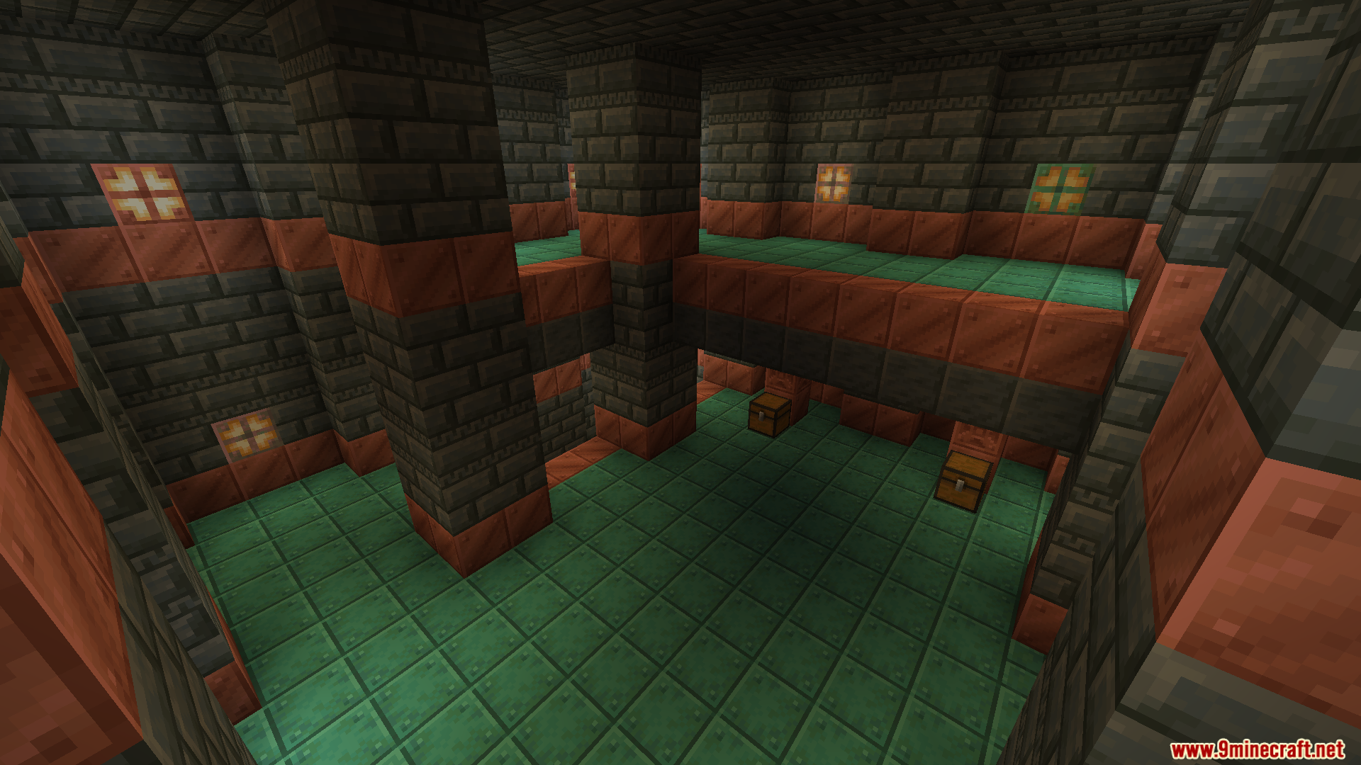 New Trials Mod Screenshot 3 Interior view of a Trial Chamber with copper and tuff blocks