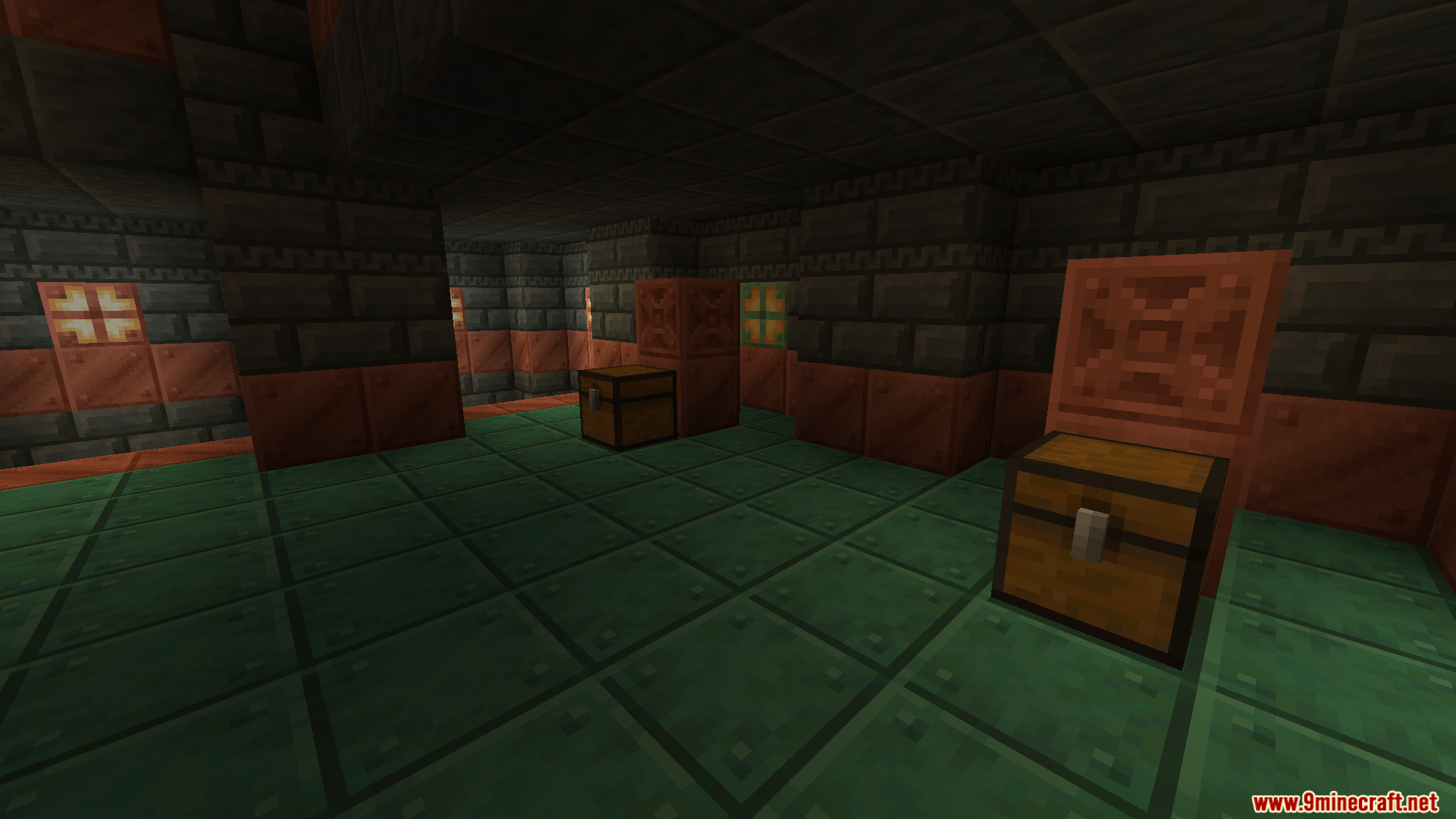 New Trials Mod Screenshot 4 Chests and copper blocks inside a Trial Chamber room