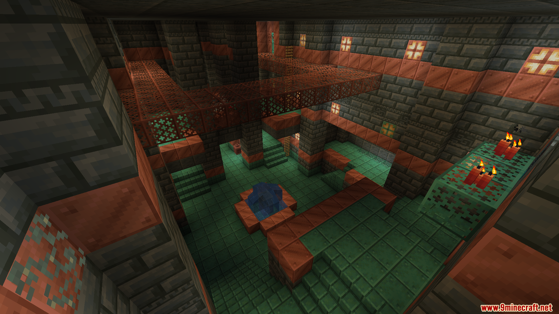 New Trials Mod Screenshot 5 Large Trial Chamber room with copper grate bridges and tuff bricks