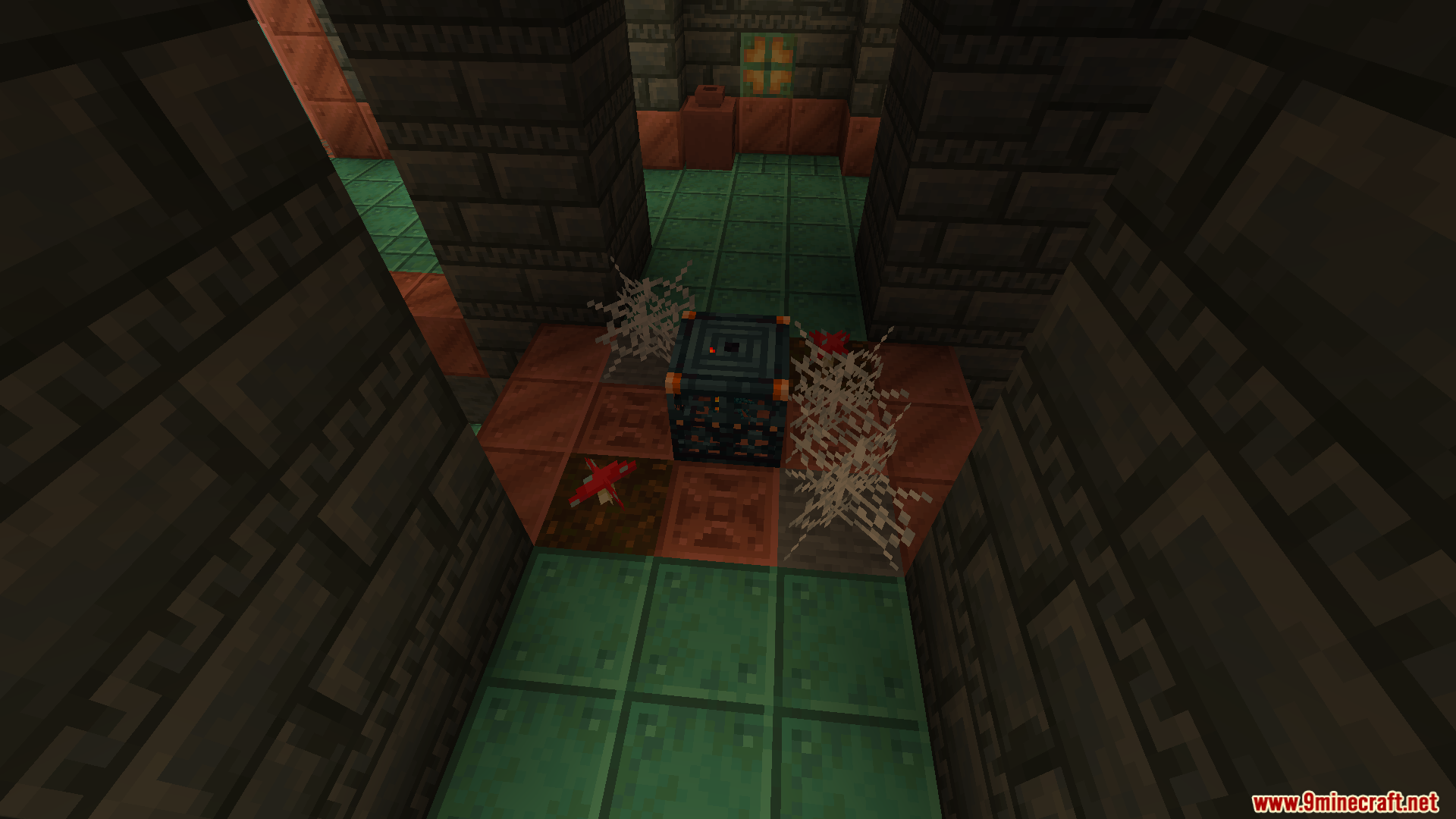 New Trials Mod Screenshot 6 Trial Spawner block surrounded by cobwebs on a copper floor