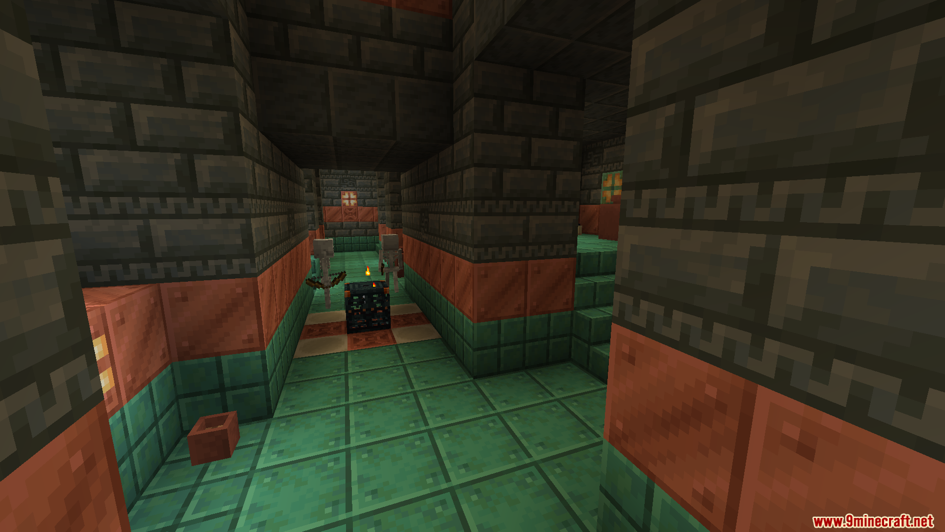 New Trials Mod Screenshot 7 Skeletons spawning from a Trial Spawner in a tuff brick hallway