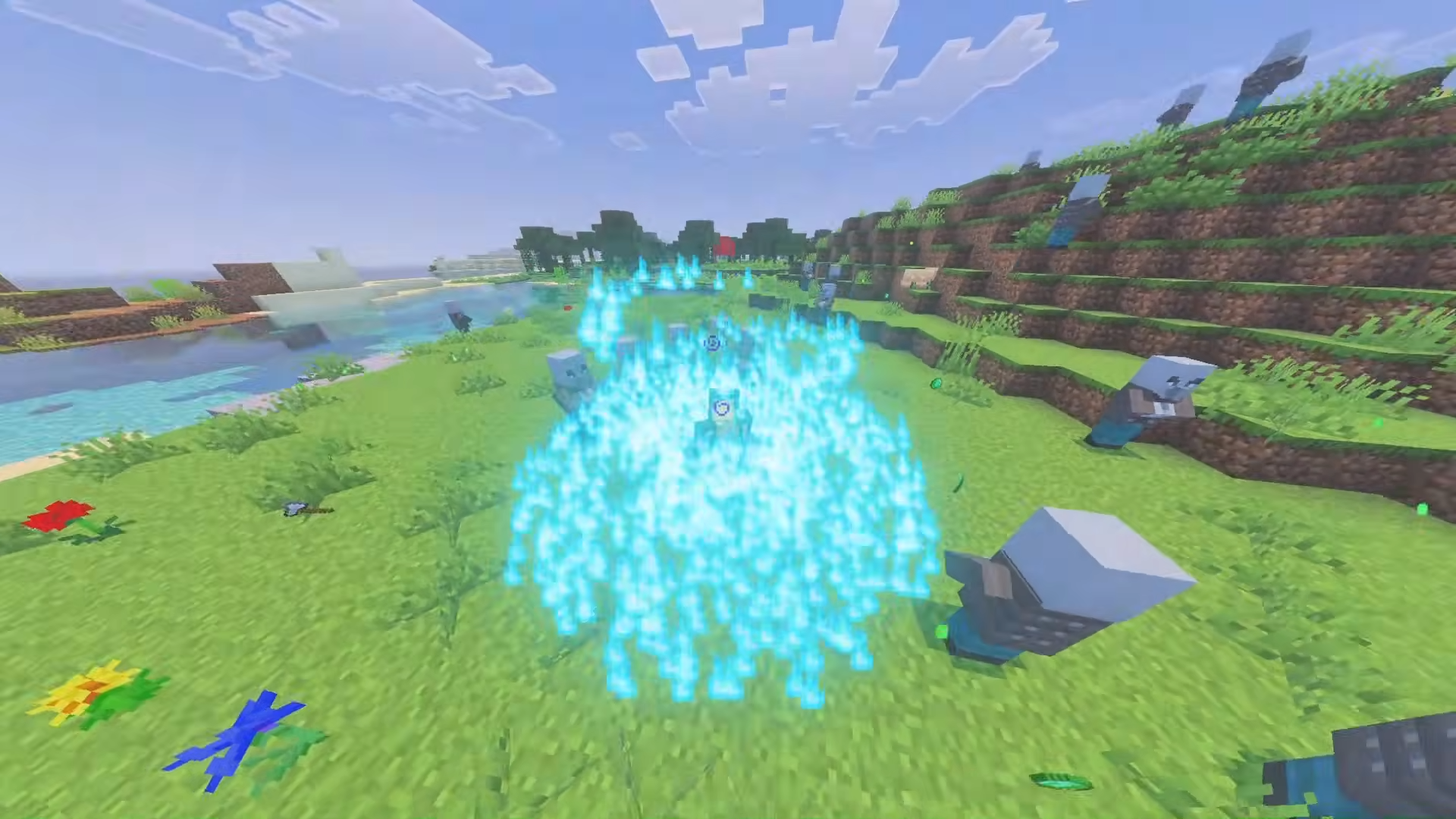Player unleashing a blue fire shockwave attack on nearby illager enemies