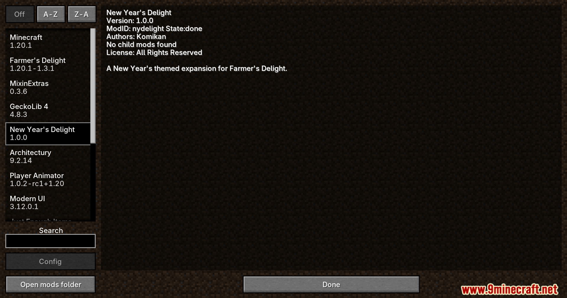 New Year's Delight mod information screen