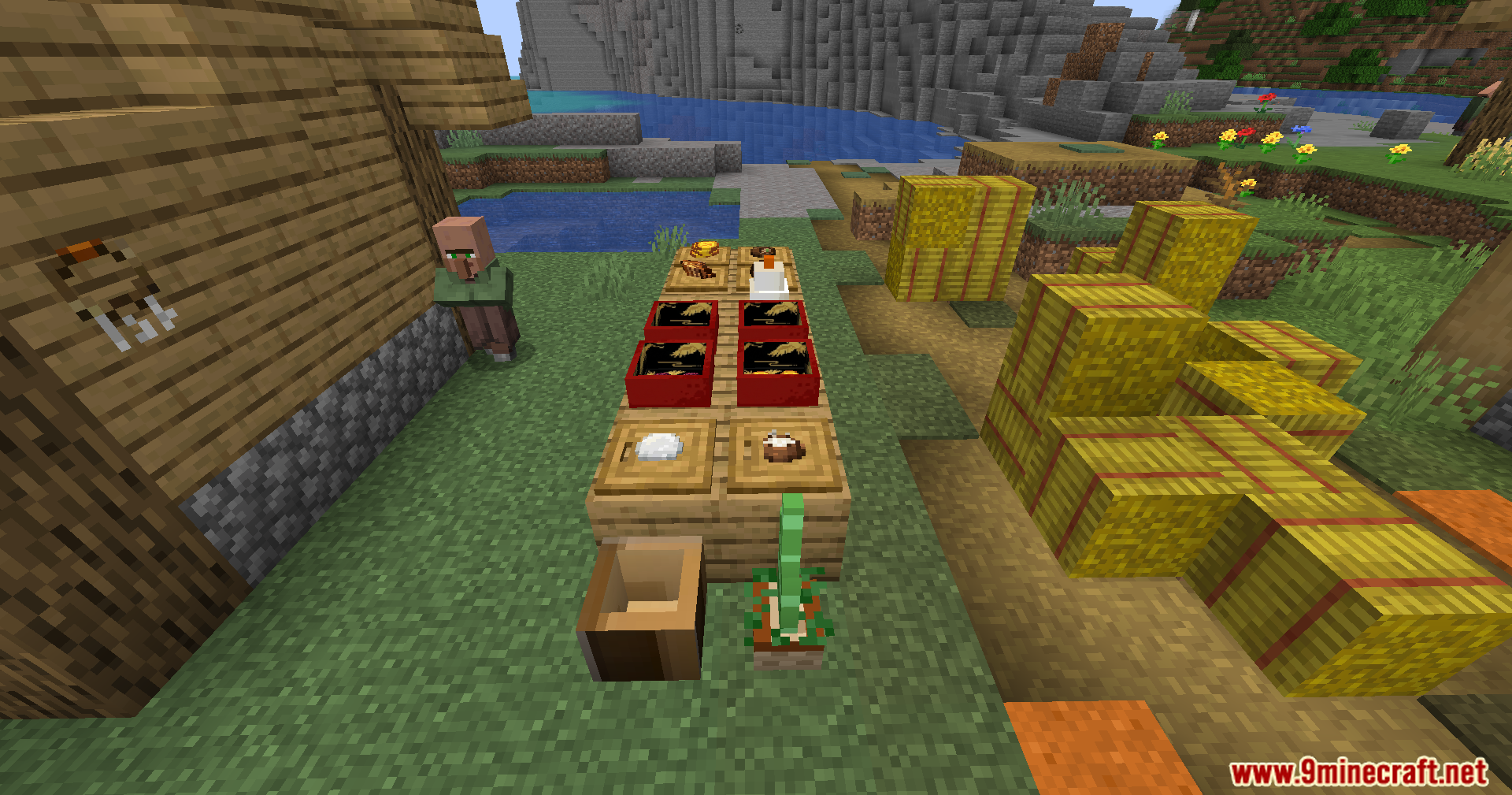 A villager stands beside a table of festive holiday food