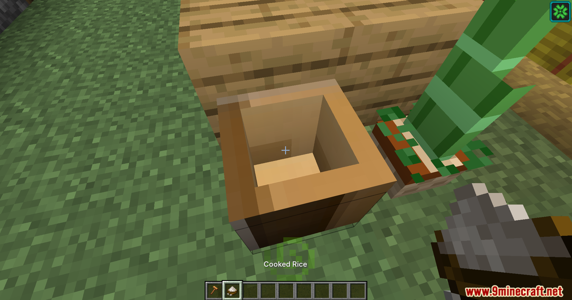 Placing cooked rice into a wooden mortar