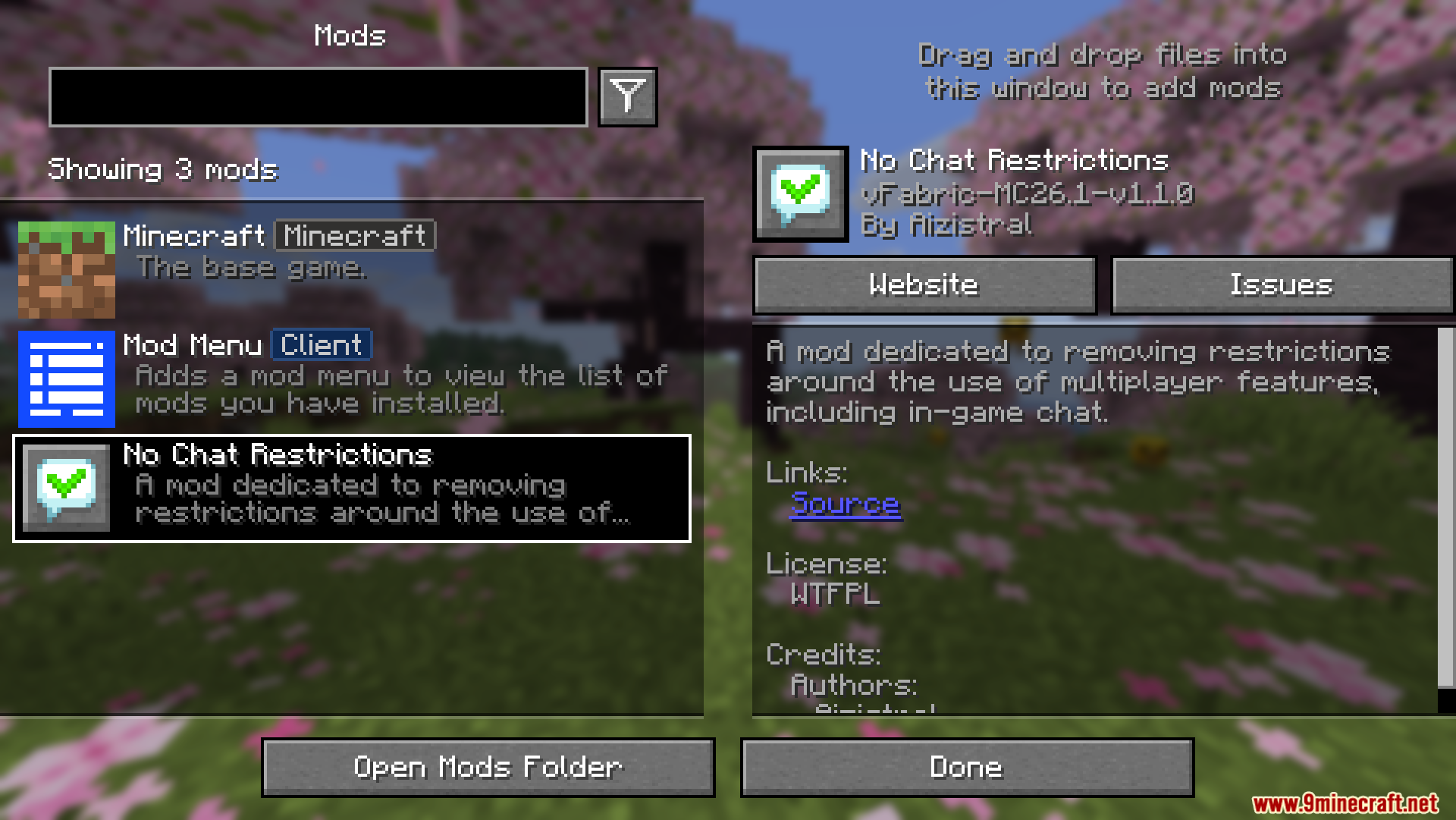 Mod menu showing No Chat Restrictions mod installed and selected