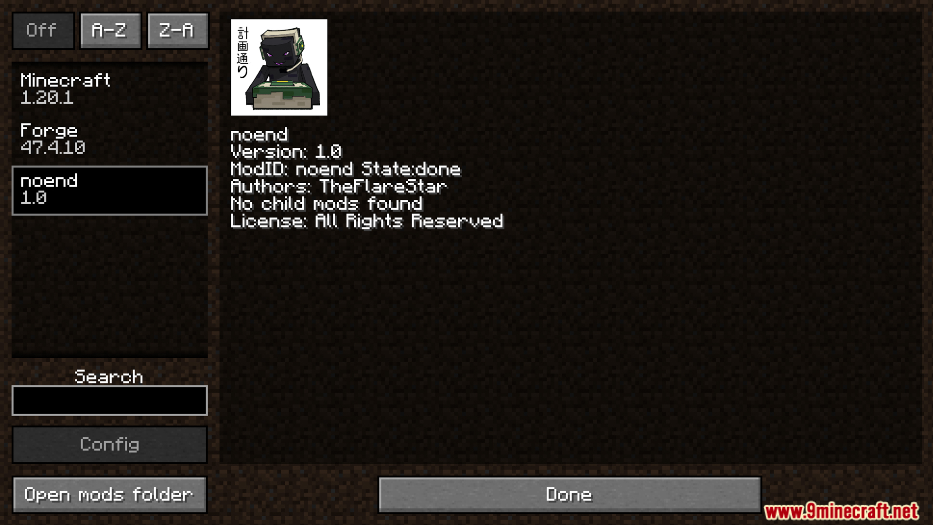 Mod list menu displaying the noend mod version and details