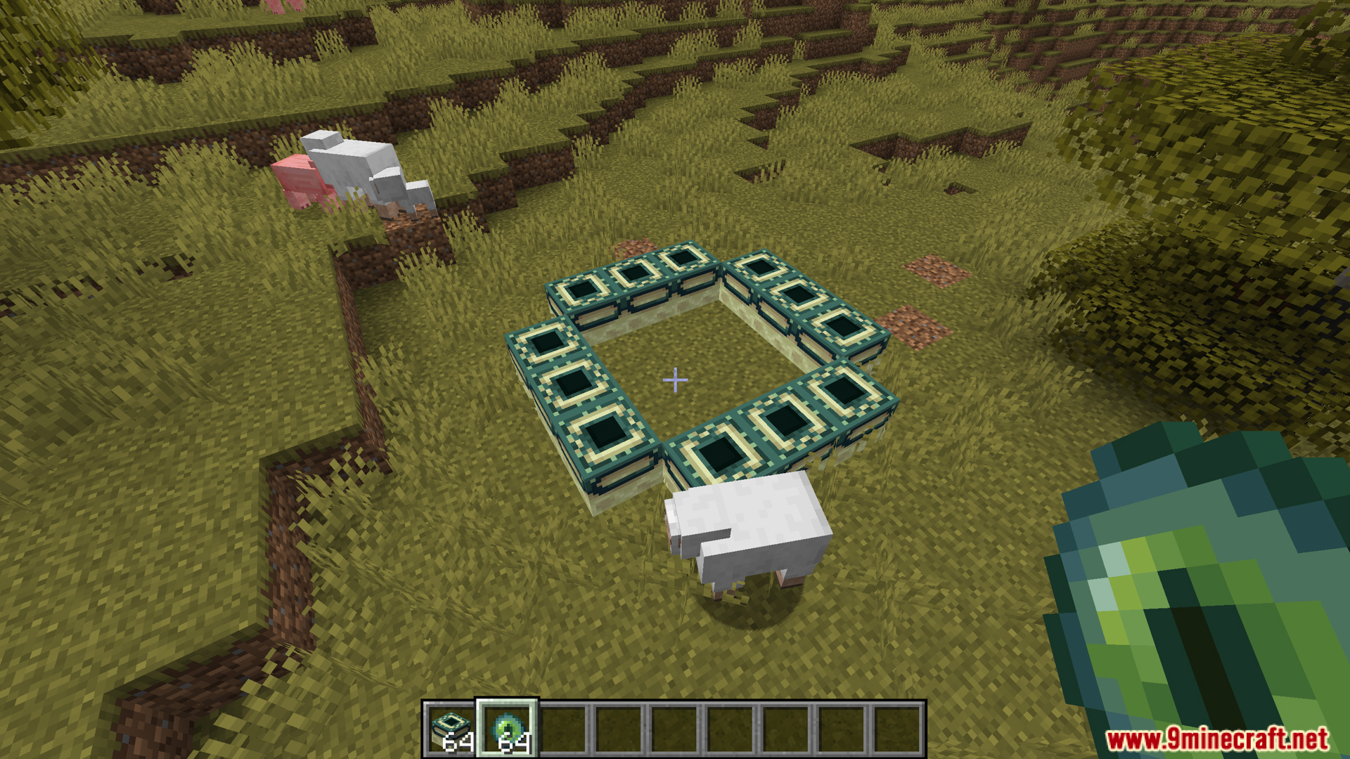 Unfinished end portal frame placed on grass with player holding ender eye