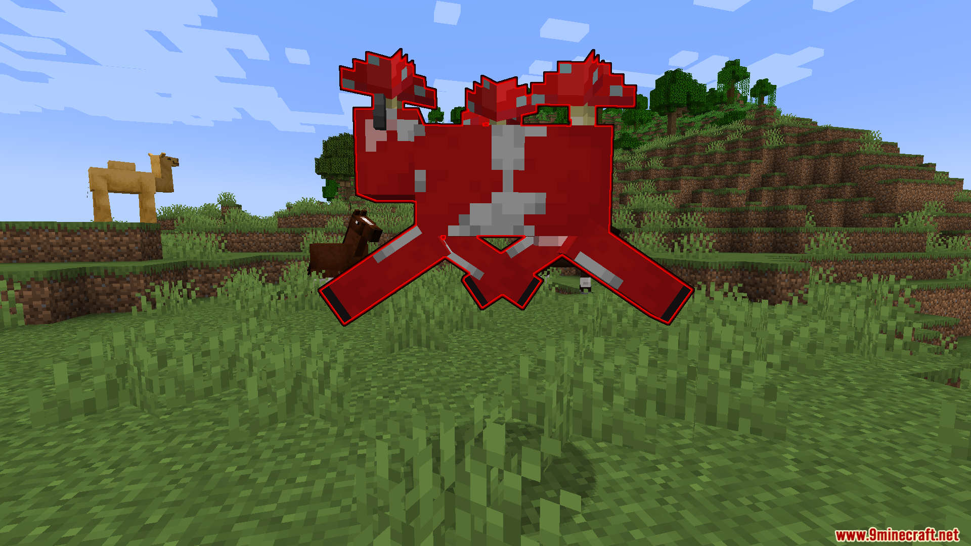 A mooshroom cow showing the red damage indicator glow
