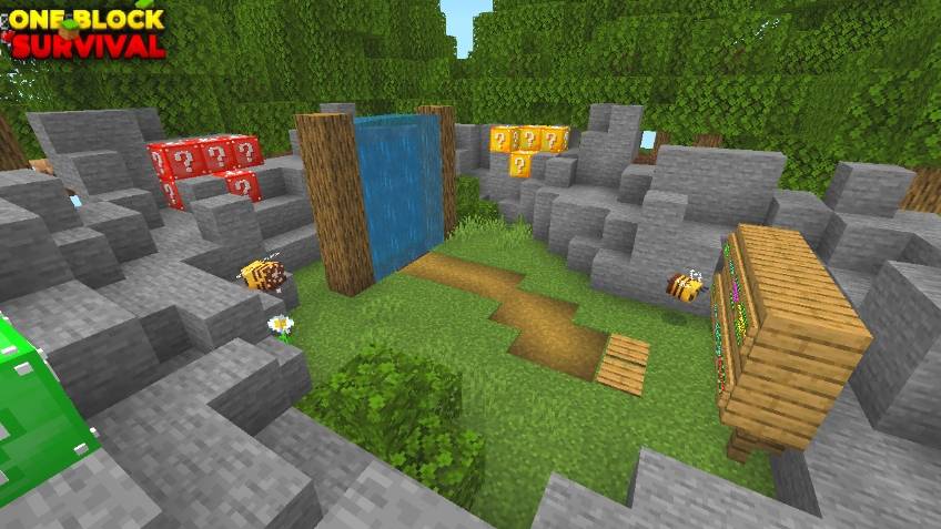 Starting lobby area with waterfall portal and lucky blocks