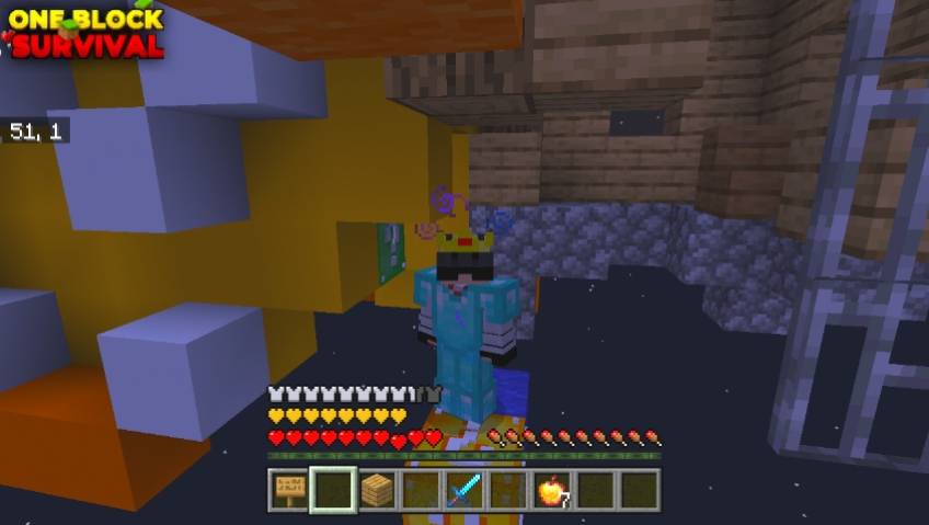 Player in diamond armor surviving on a single lucky block