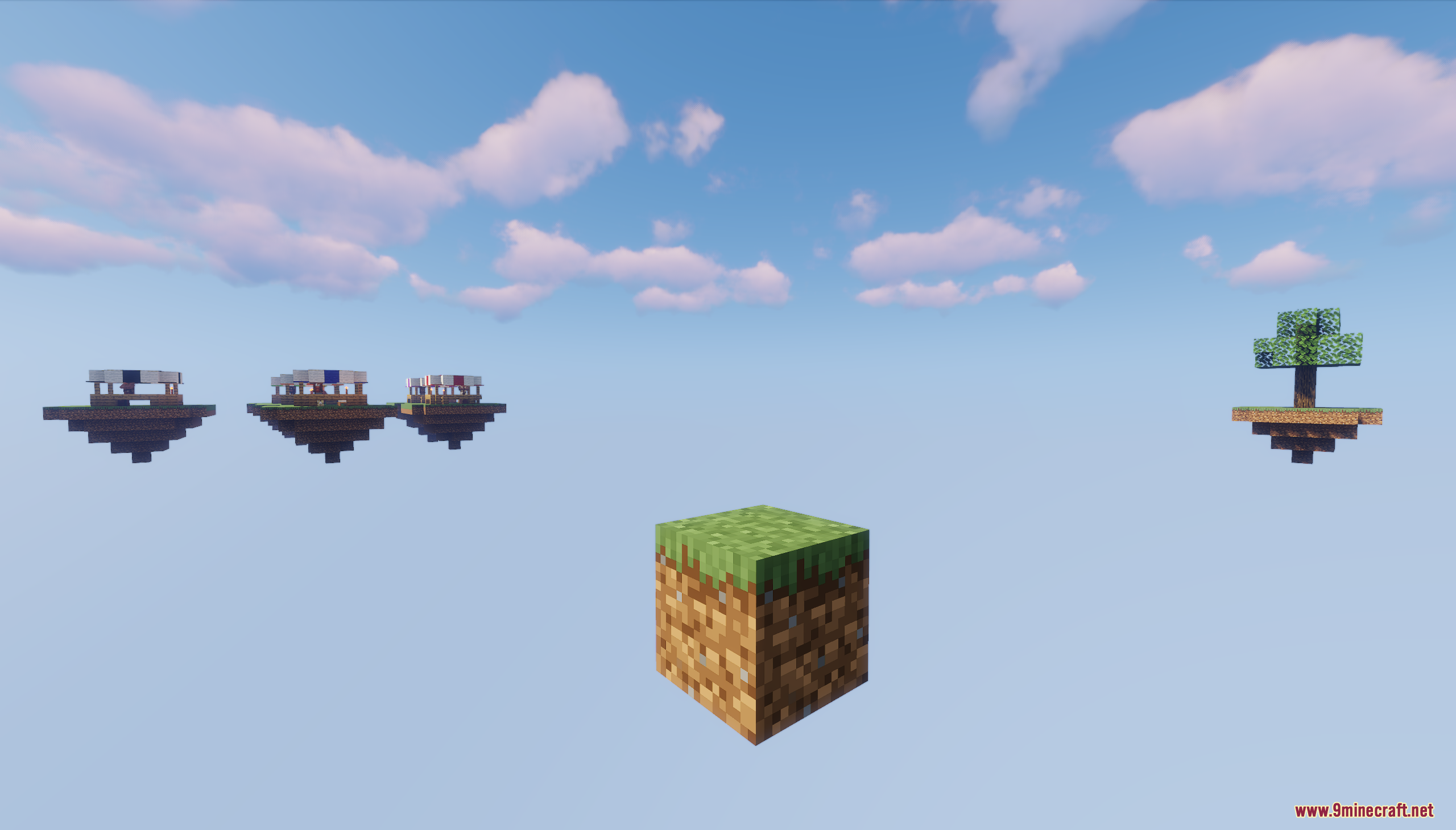 Single grass block floating near islands with stalls and trees