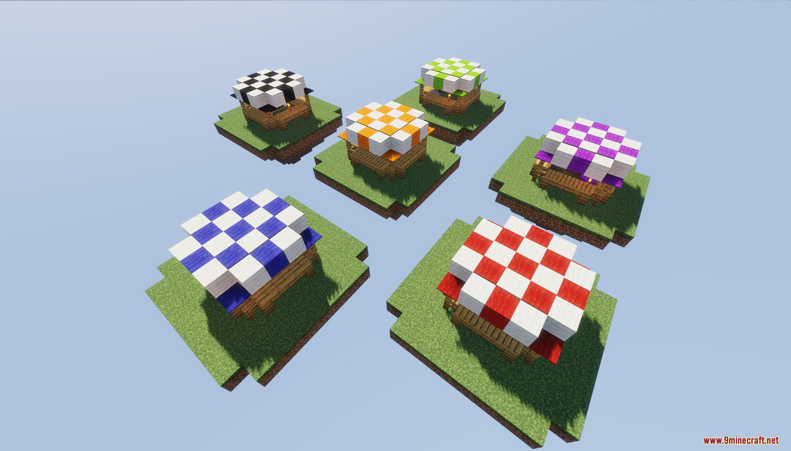 Floating islands featuring villager trading stalls with colorful checkered roofs