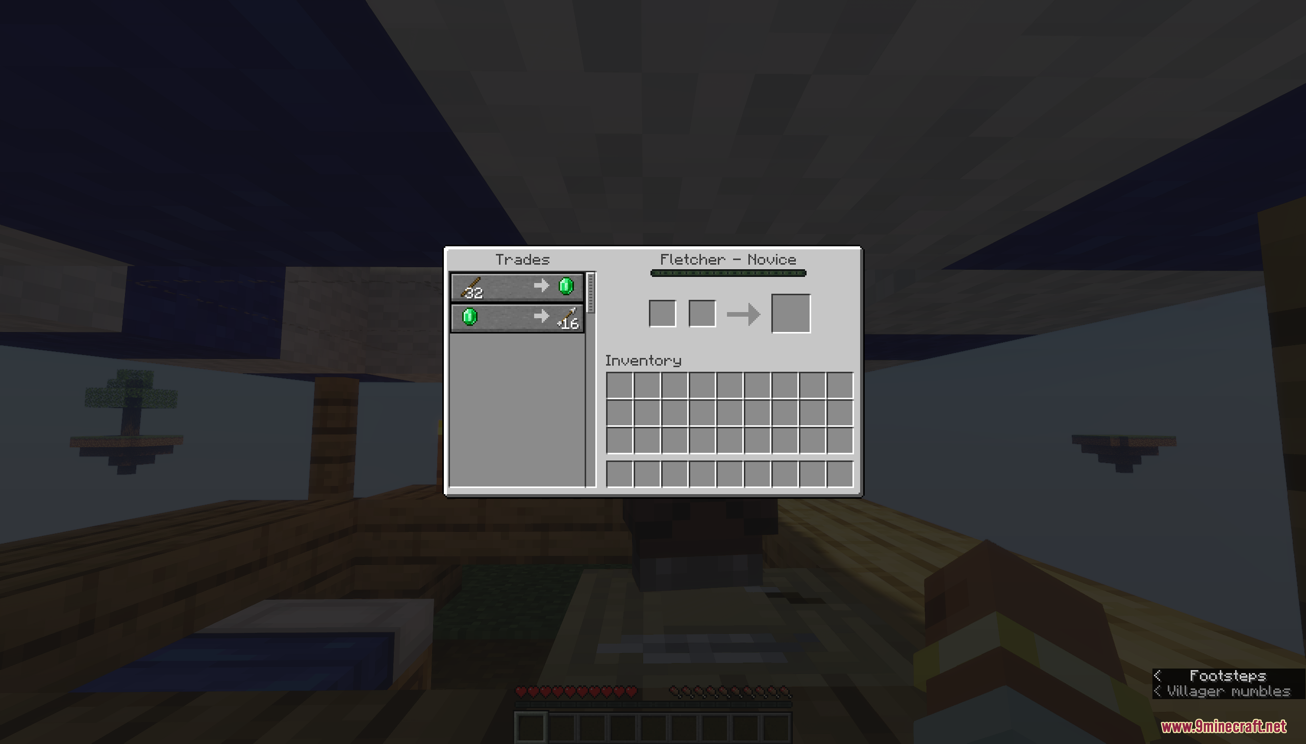 Player trading sticks for emeralds with a novice fletcher villager