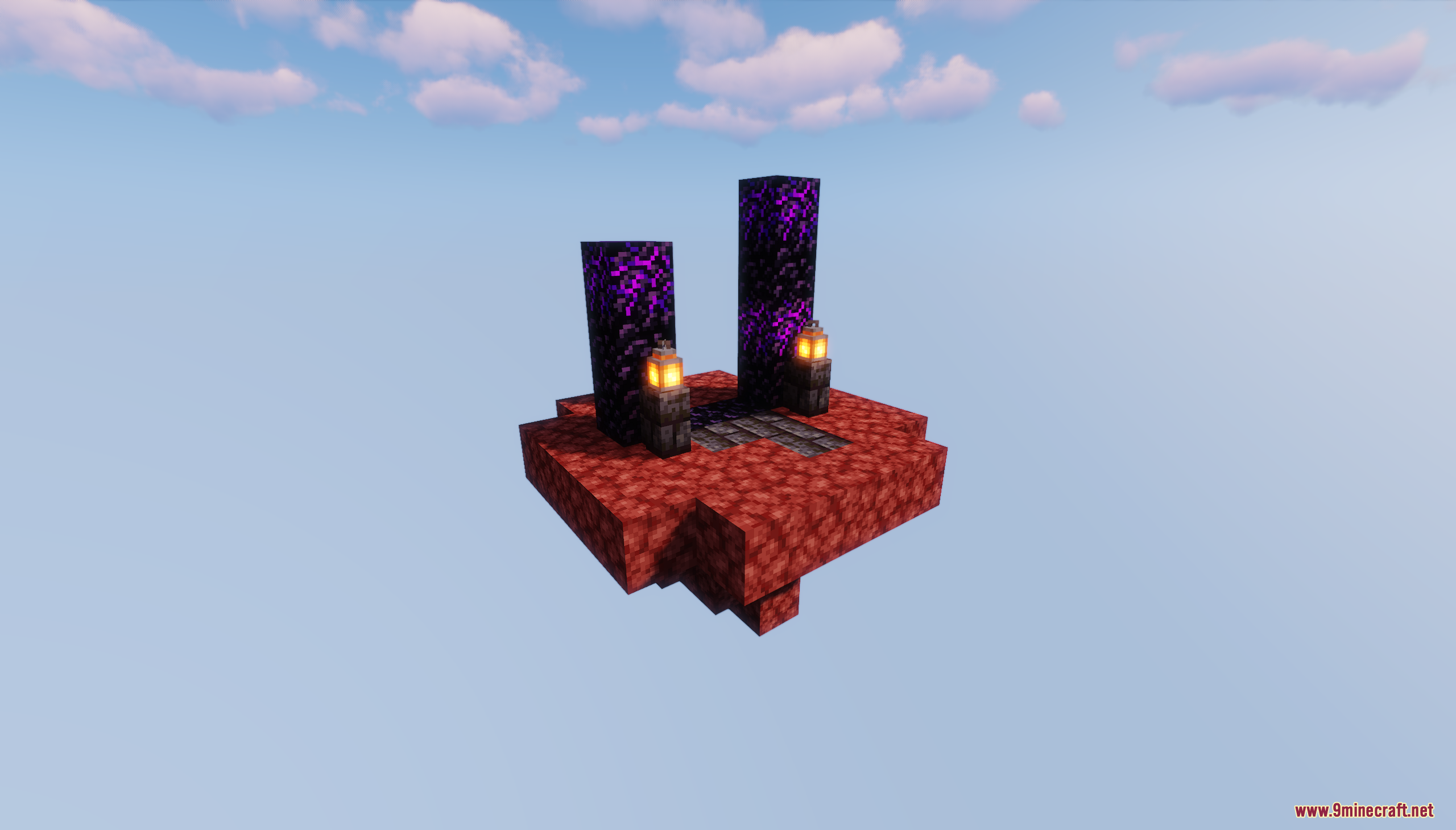 Floating netherrack island with obsidian portal pillars and glowing lanterns