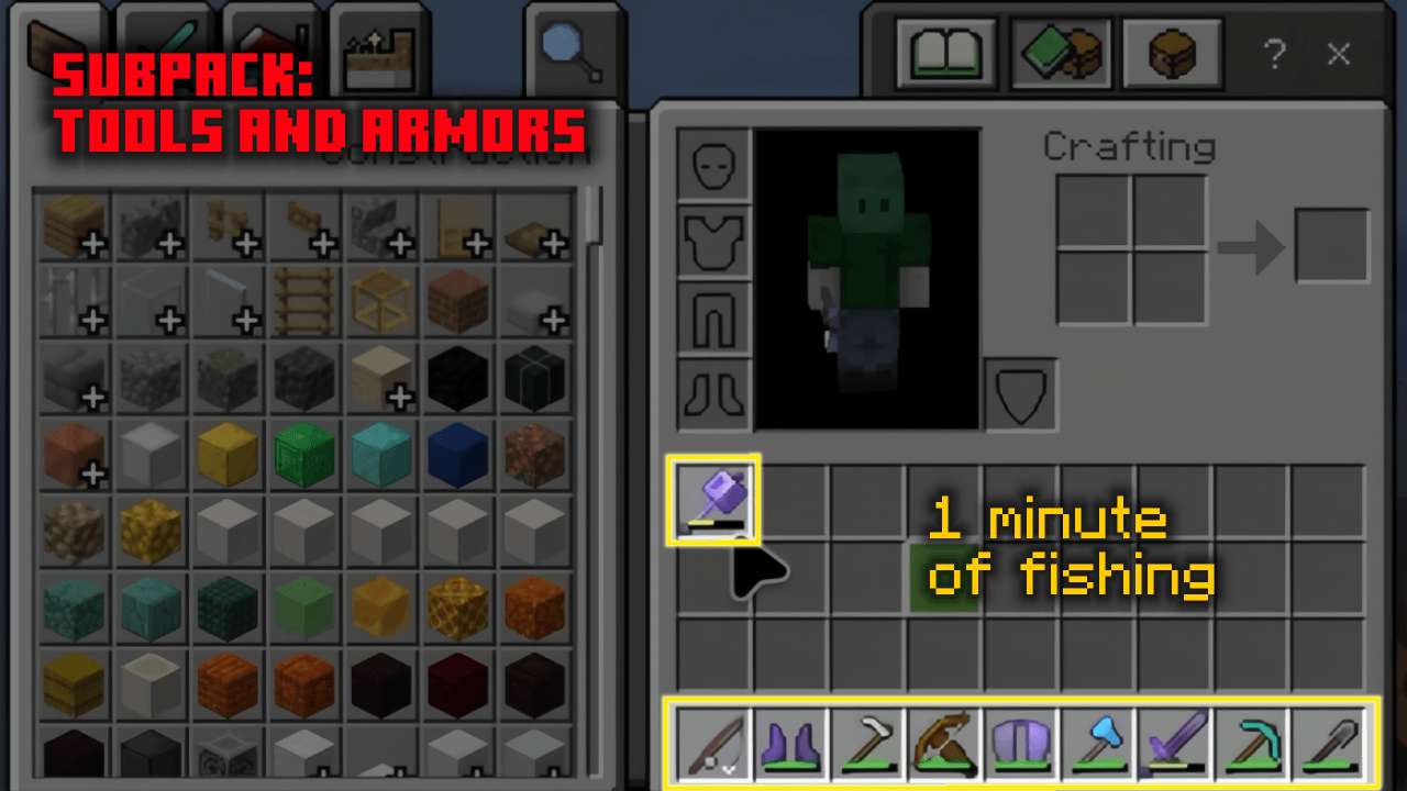 1 minute of fishing with the Addon, using the subpack “Tools & Armors Only”.