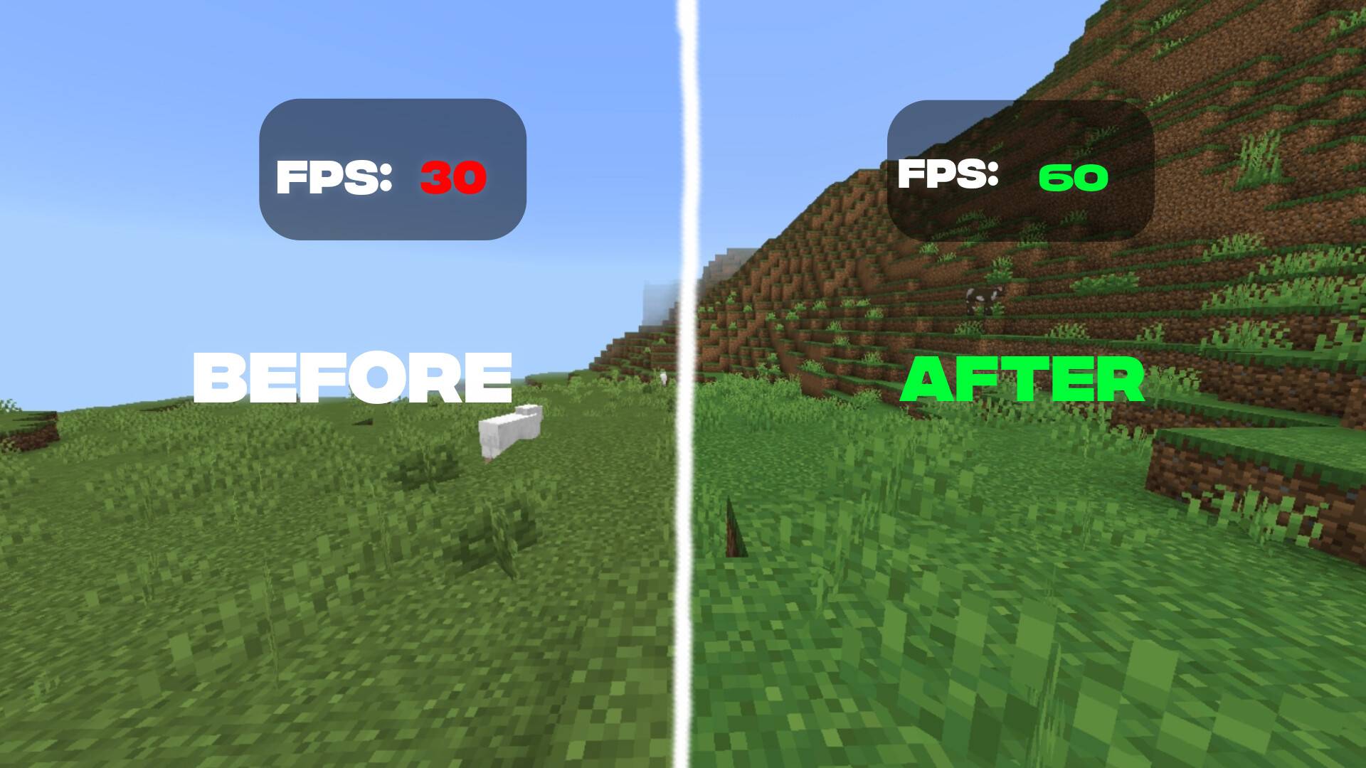 Before and after comparison showing framerate boost with Optifps Texture Pack
