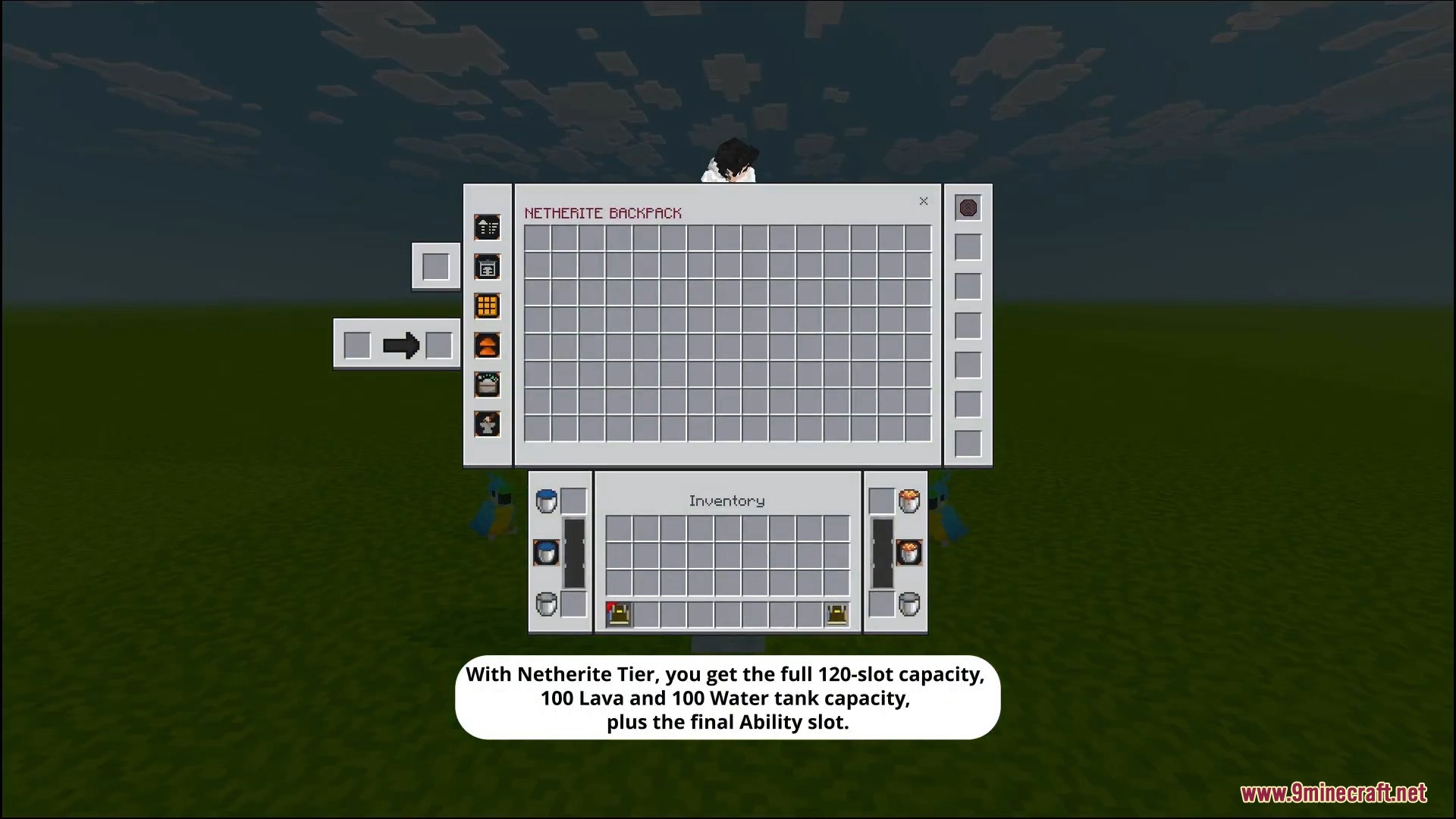 Otg Backpack Addon Screenshot 5 Netherite backpack interface showing large portable storage and fluid tanks