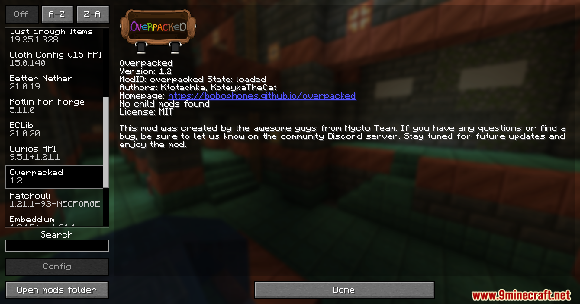 Overpacked mod information screen in Minecraft