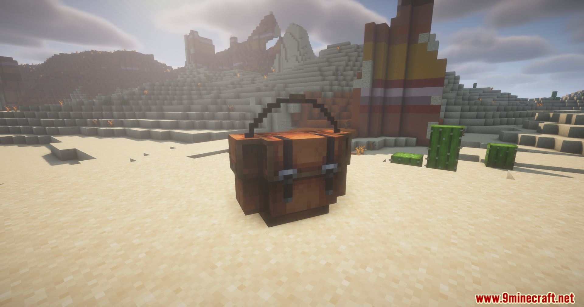 The travel backpack placed in a desert biome