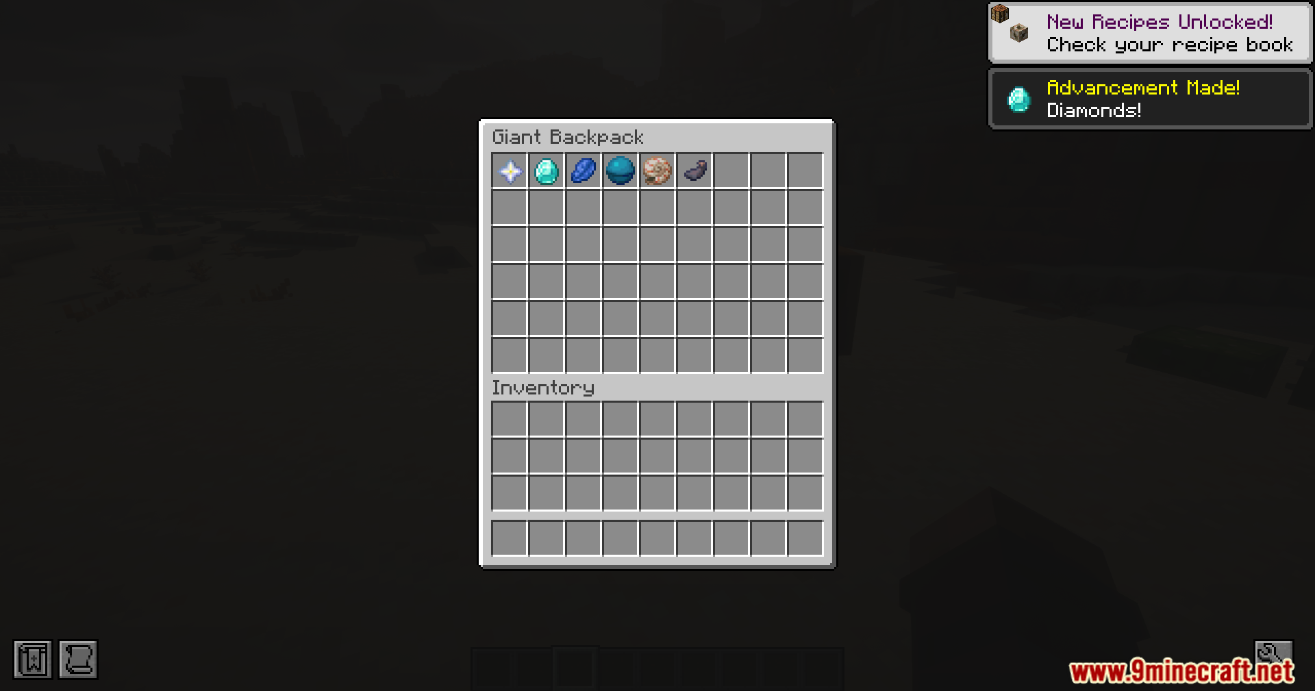 Giant Backpack inventory holding diamonds and other resources