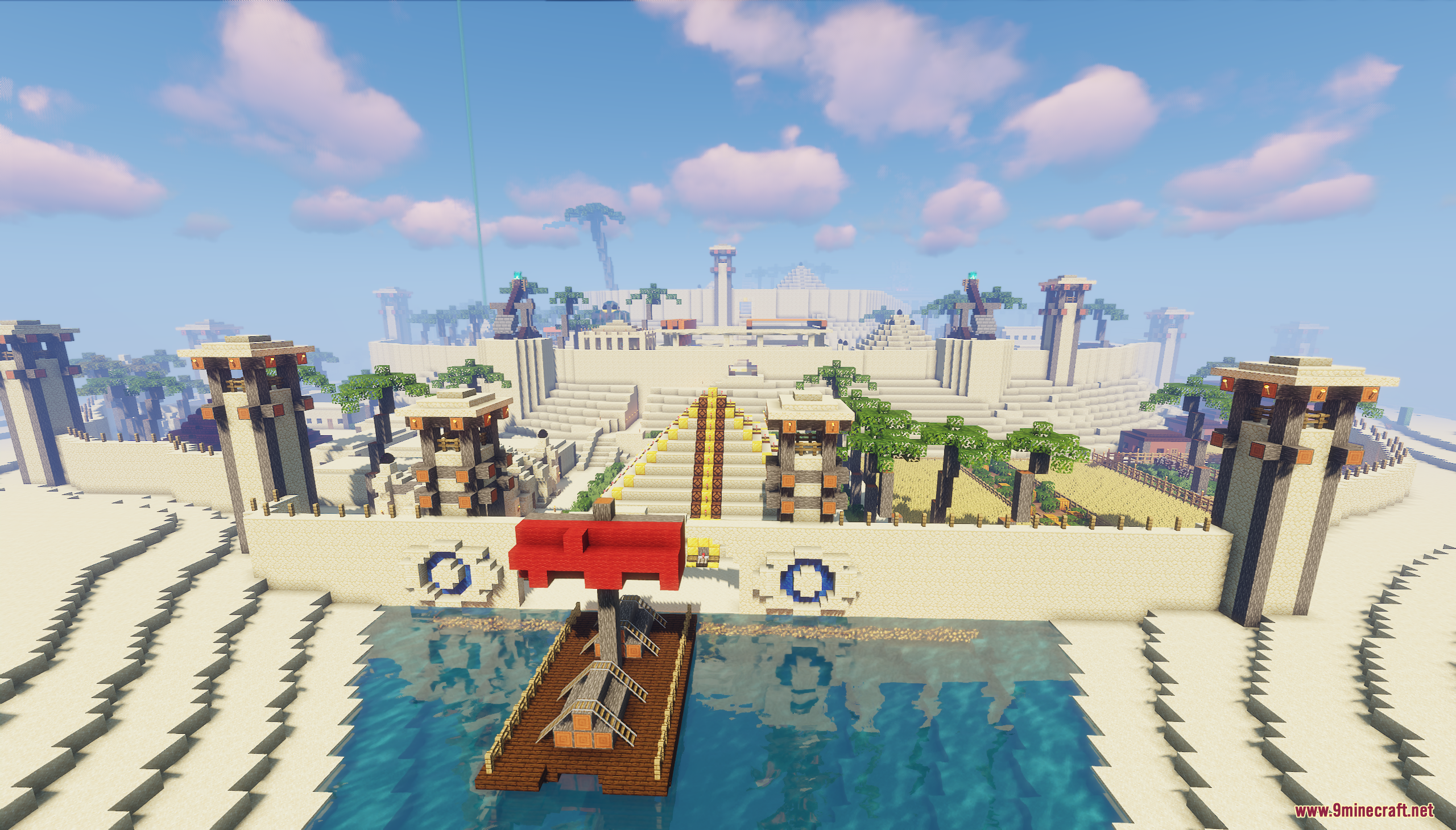 Front view of Panas the Pyramid City with a harbor