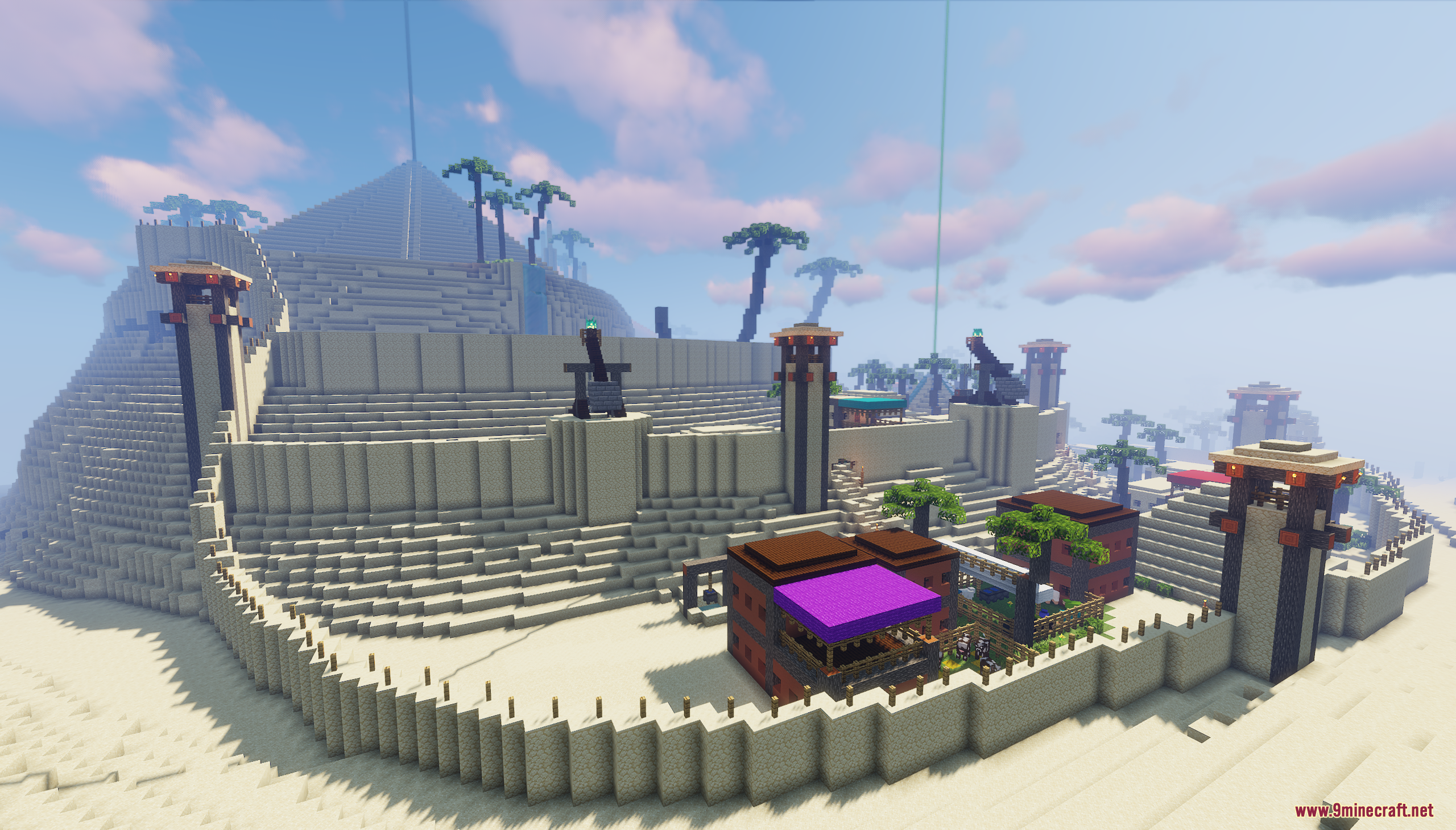 Outer walls and watchtowers protecting the giant pyramid in the city