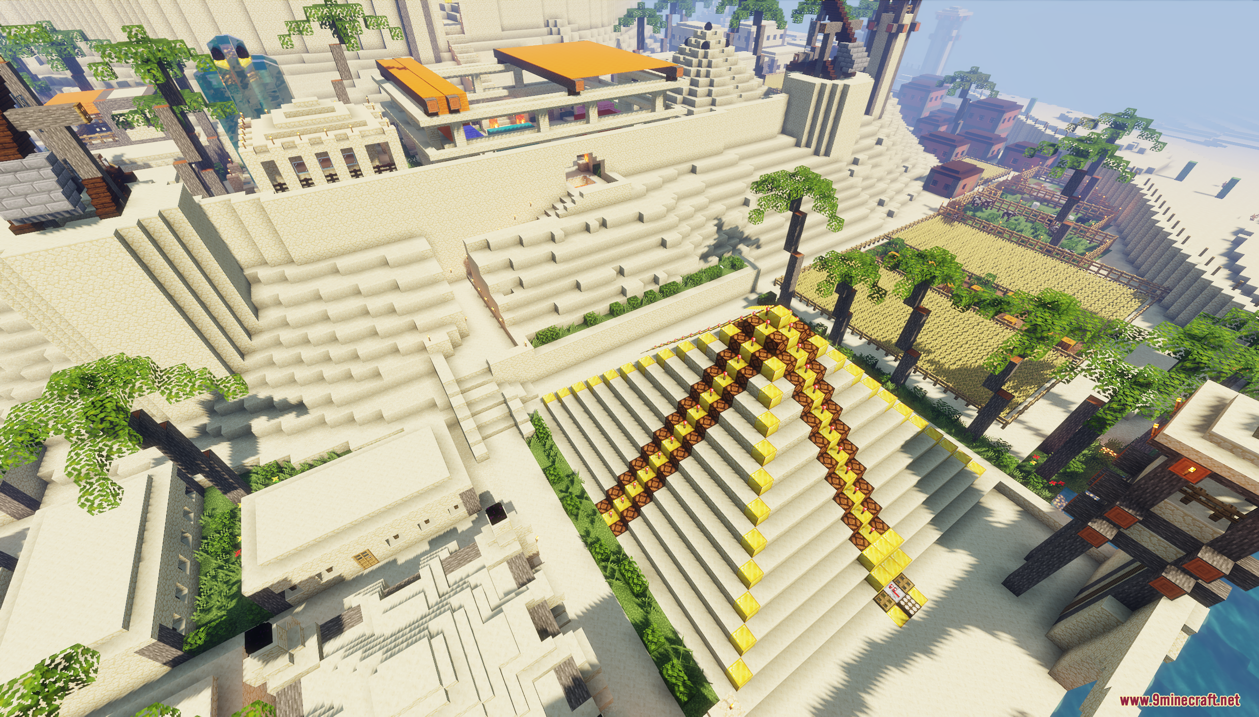 High angle view of the main striped pyramid and buildings