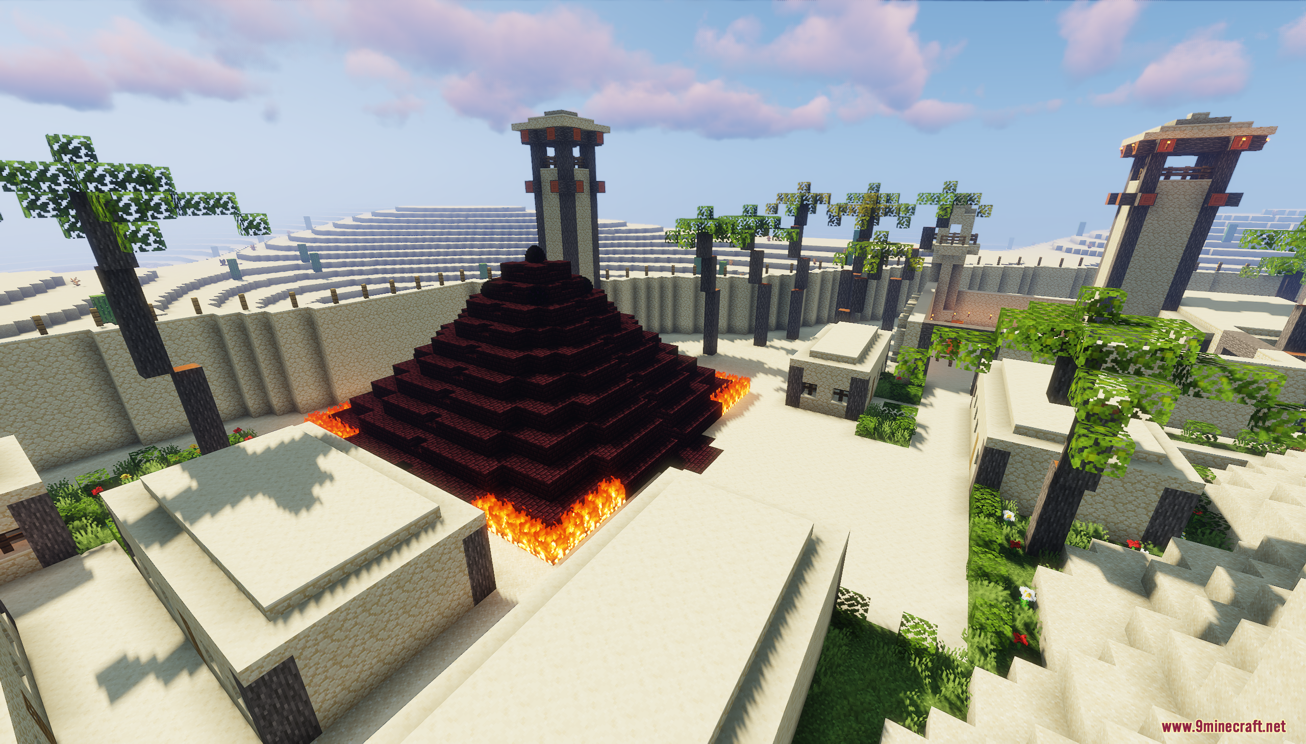 Small dark pyramid surrounded by flames inside the desert city
