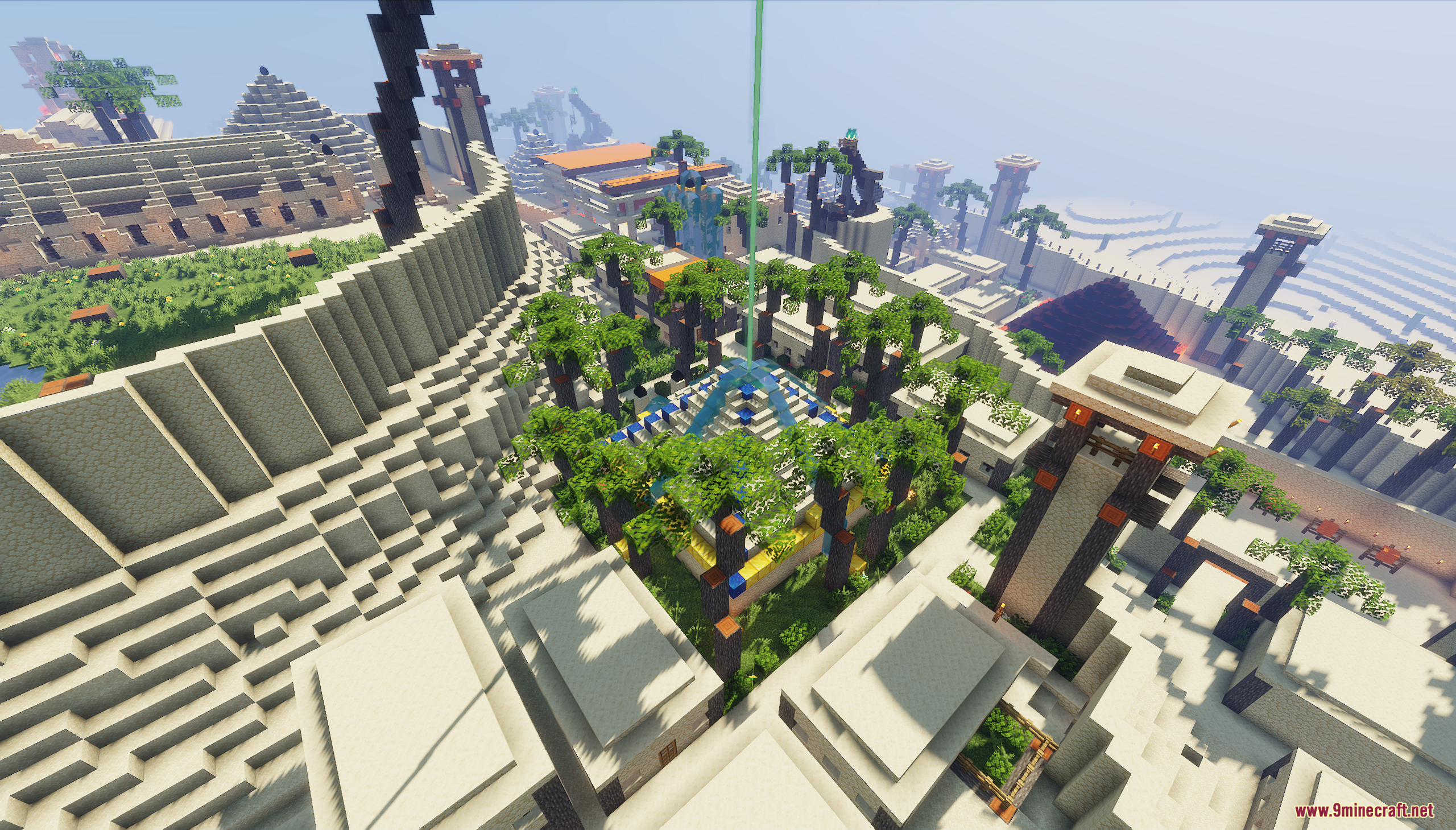 Aerial view of the desert city gardens and stepped pyramid structures