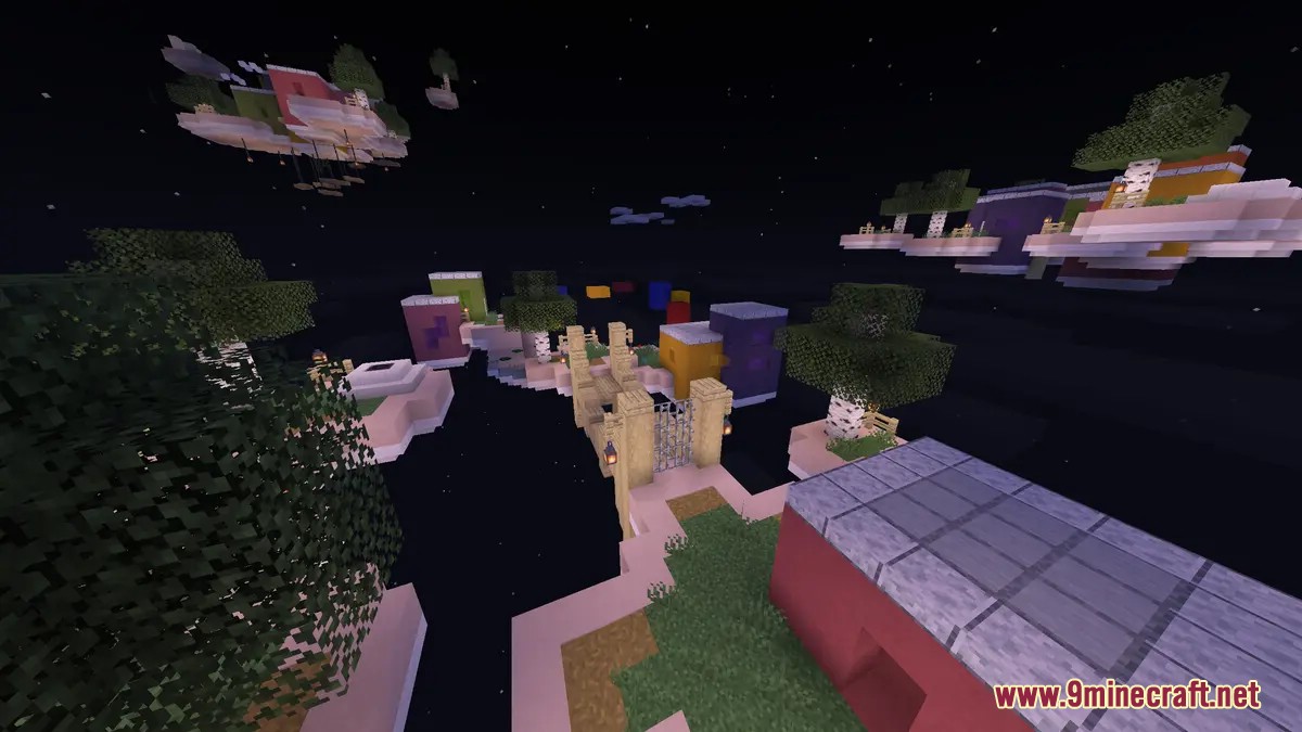 Floating parkour islands with colorful blocks in a dark night sky