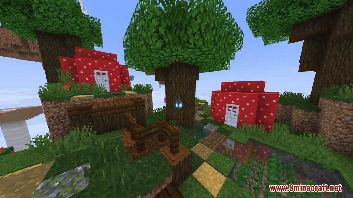 Floating mushroom biome island with red houses and wooden parkour paths