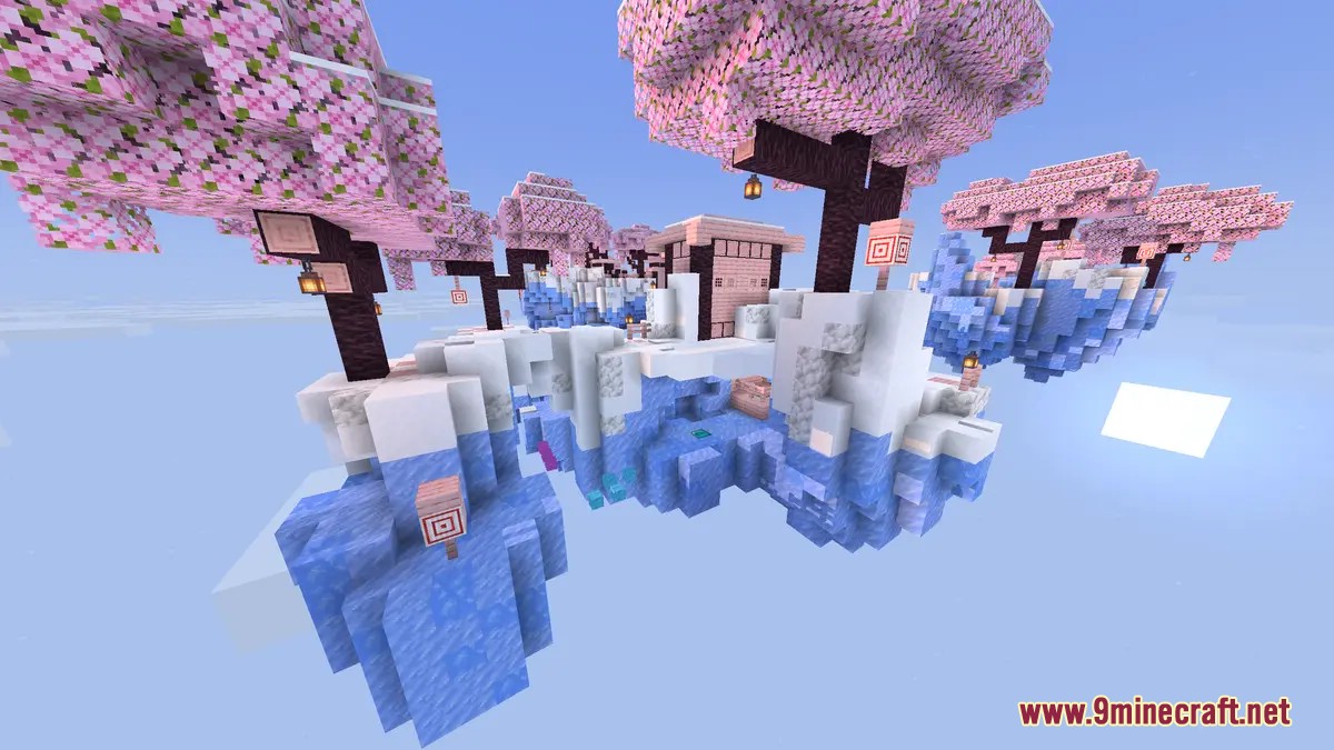 Snowy floating islands featuring ice blocks and pink cherry blossom trees