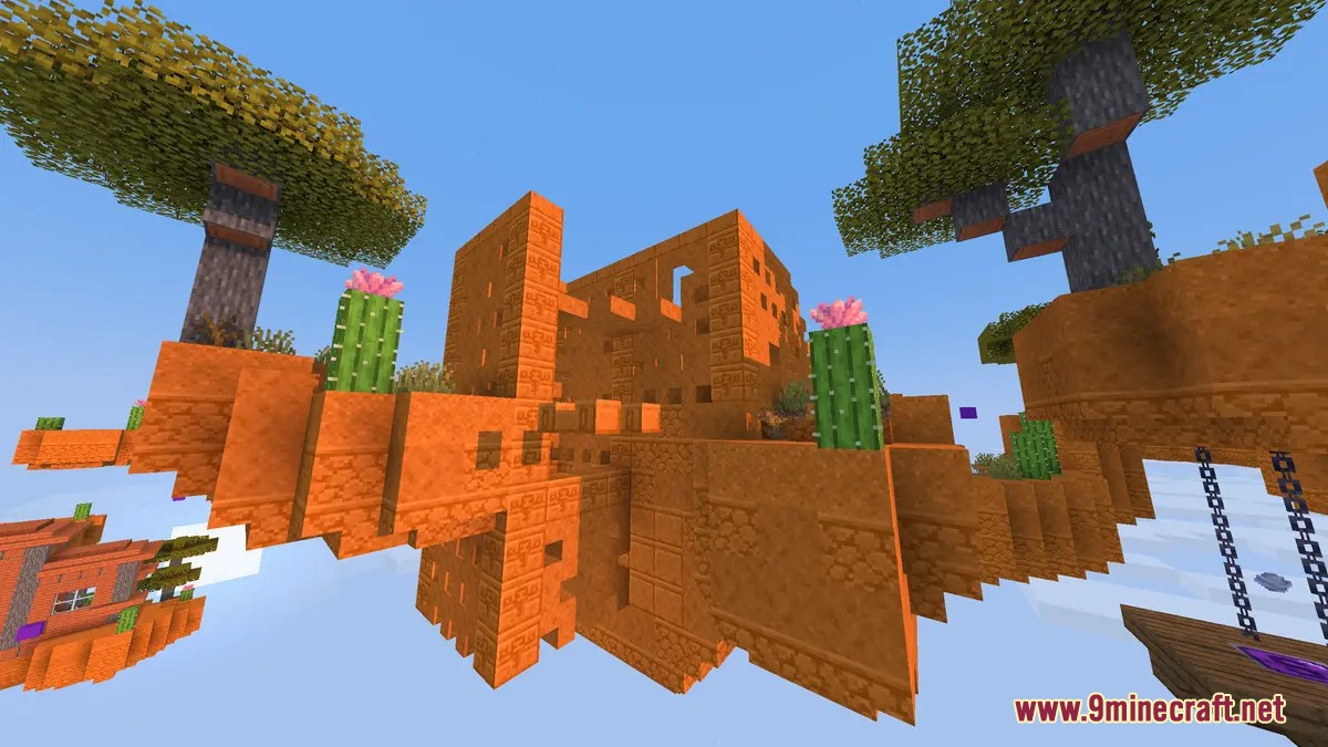 Desert themed floating parkour islands with orange sand blocks and cacti