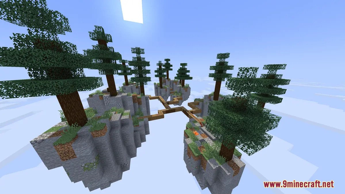 Floating forest islands connected by wooden paths with tall spruce trees